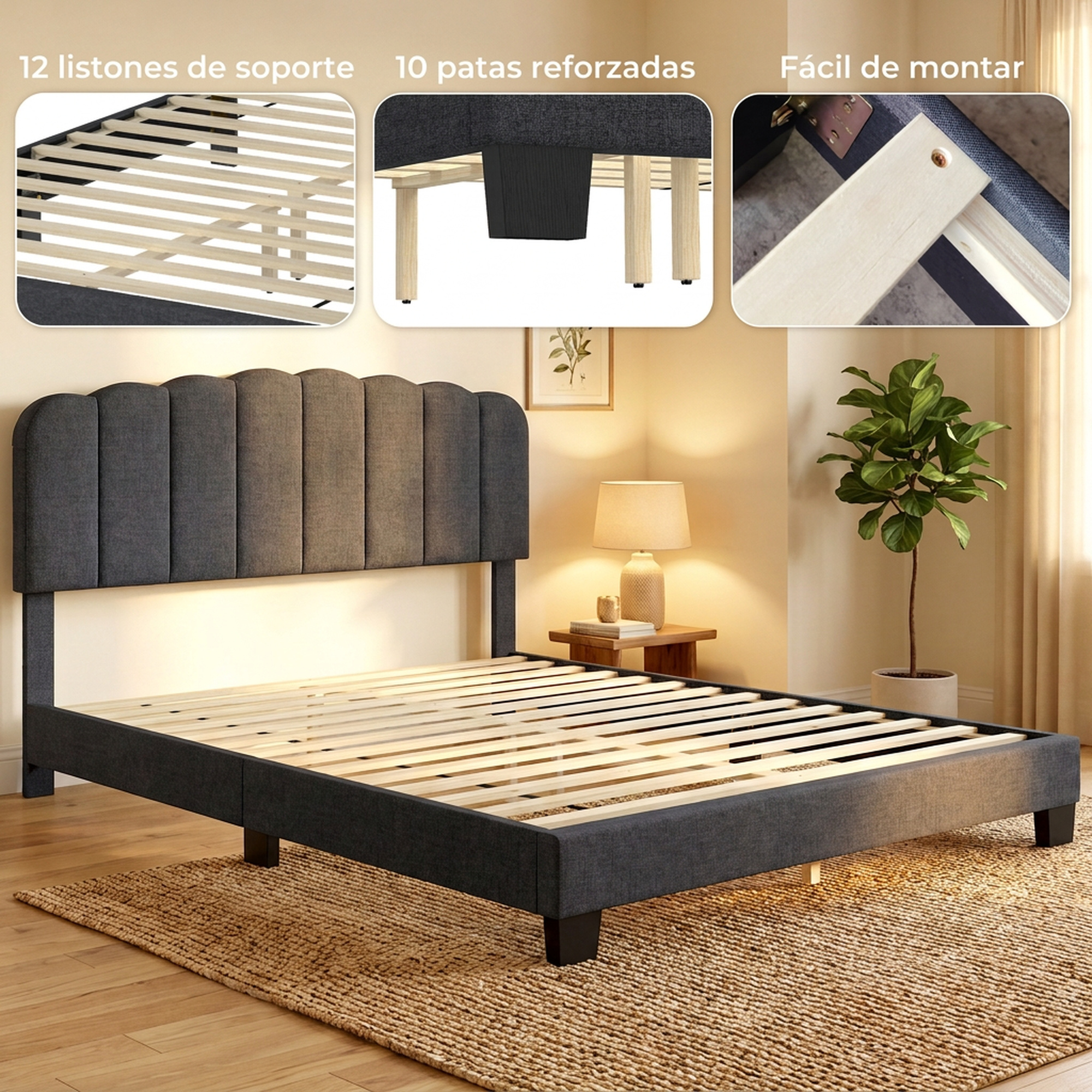Cama tapizada gris con cabecero ondulado, listones de madera y detalles de lamas y patas.