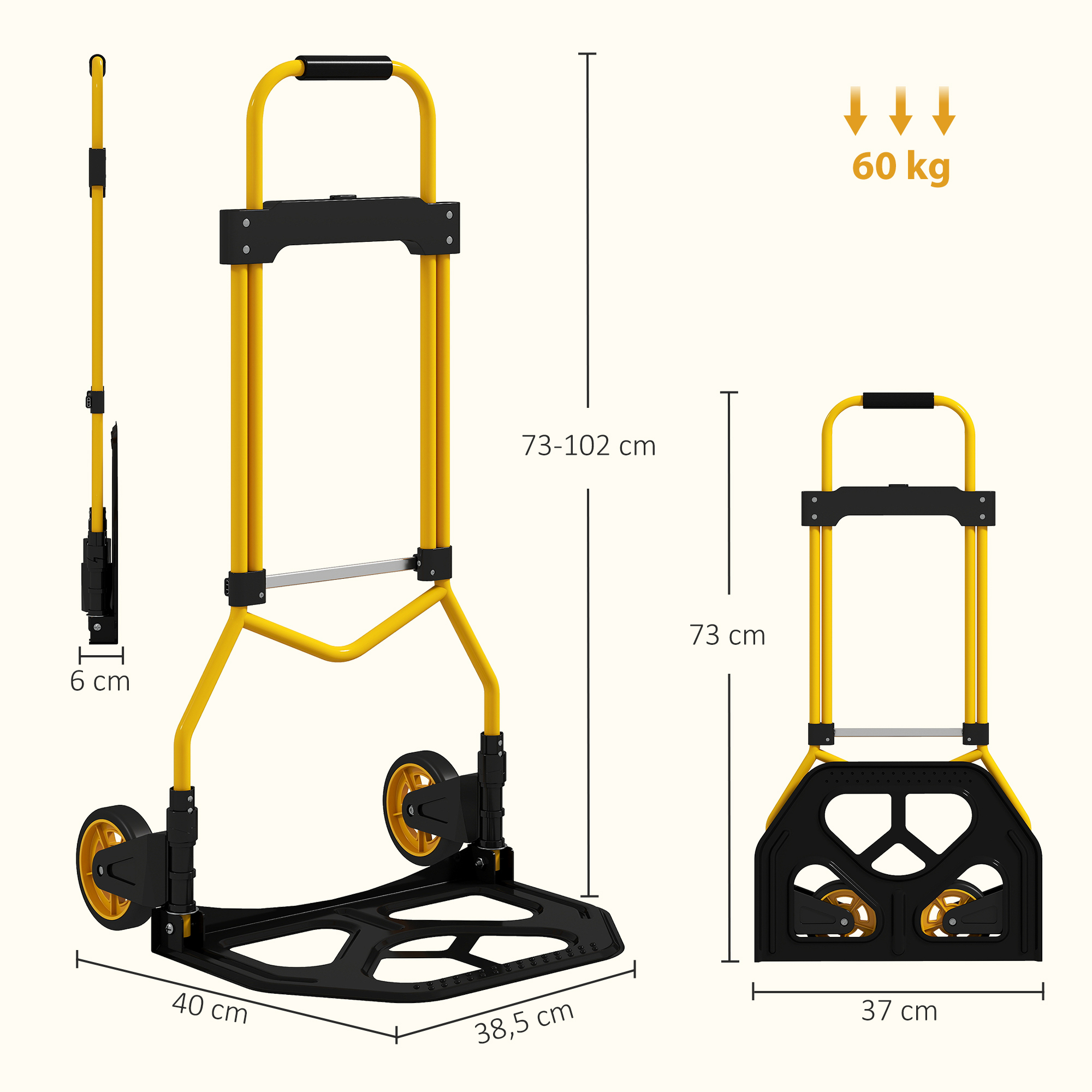 Carretilla plegable amarilla y negra con dimensiones y capacidad de 60 kg.