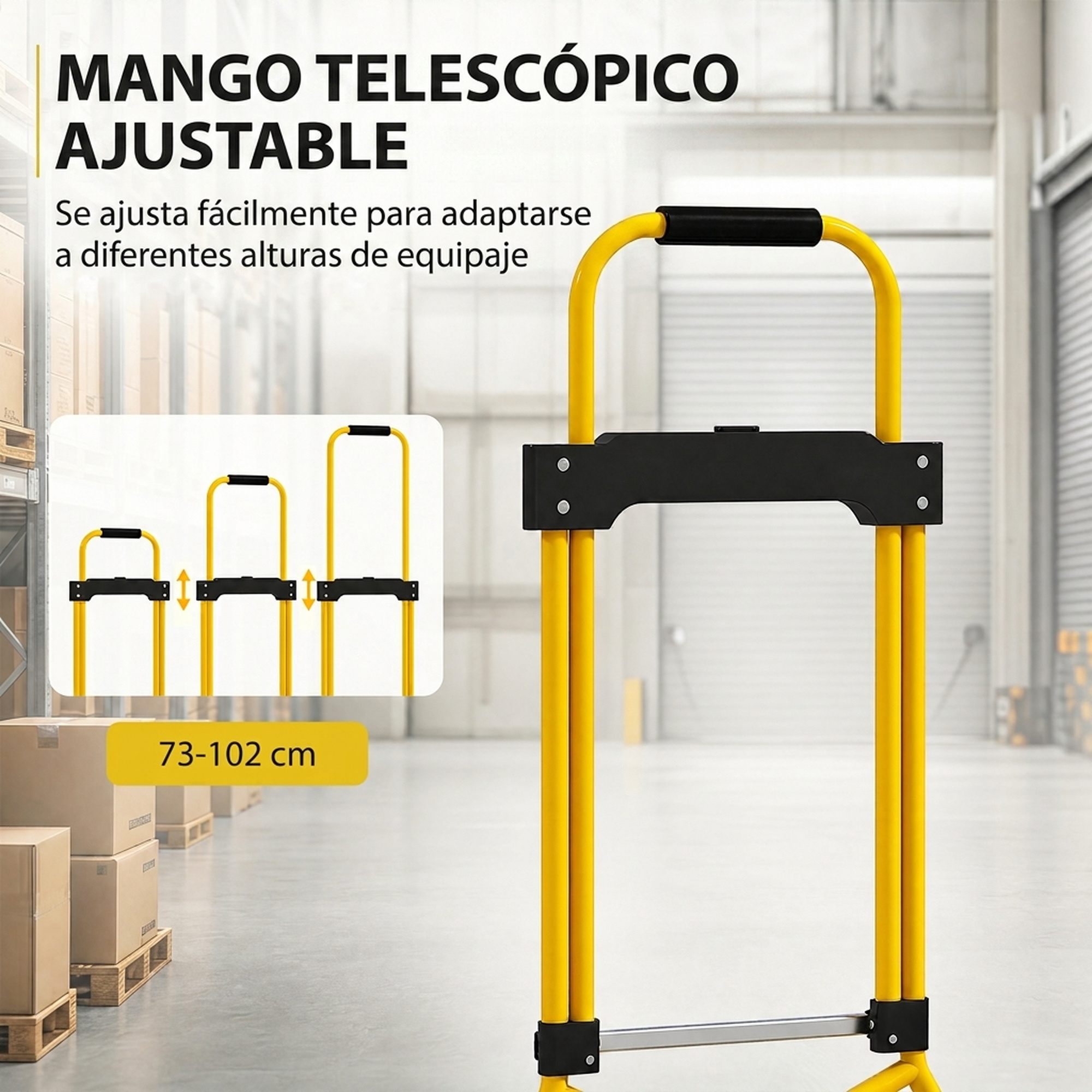 Mango telescópico ajustable para equipaje, 73-102 cm, en un almacén.