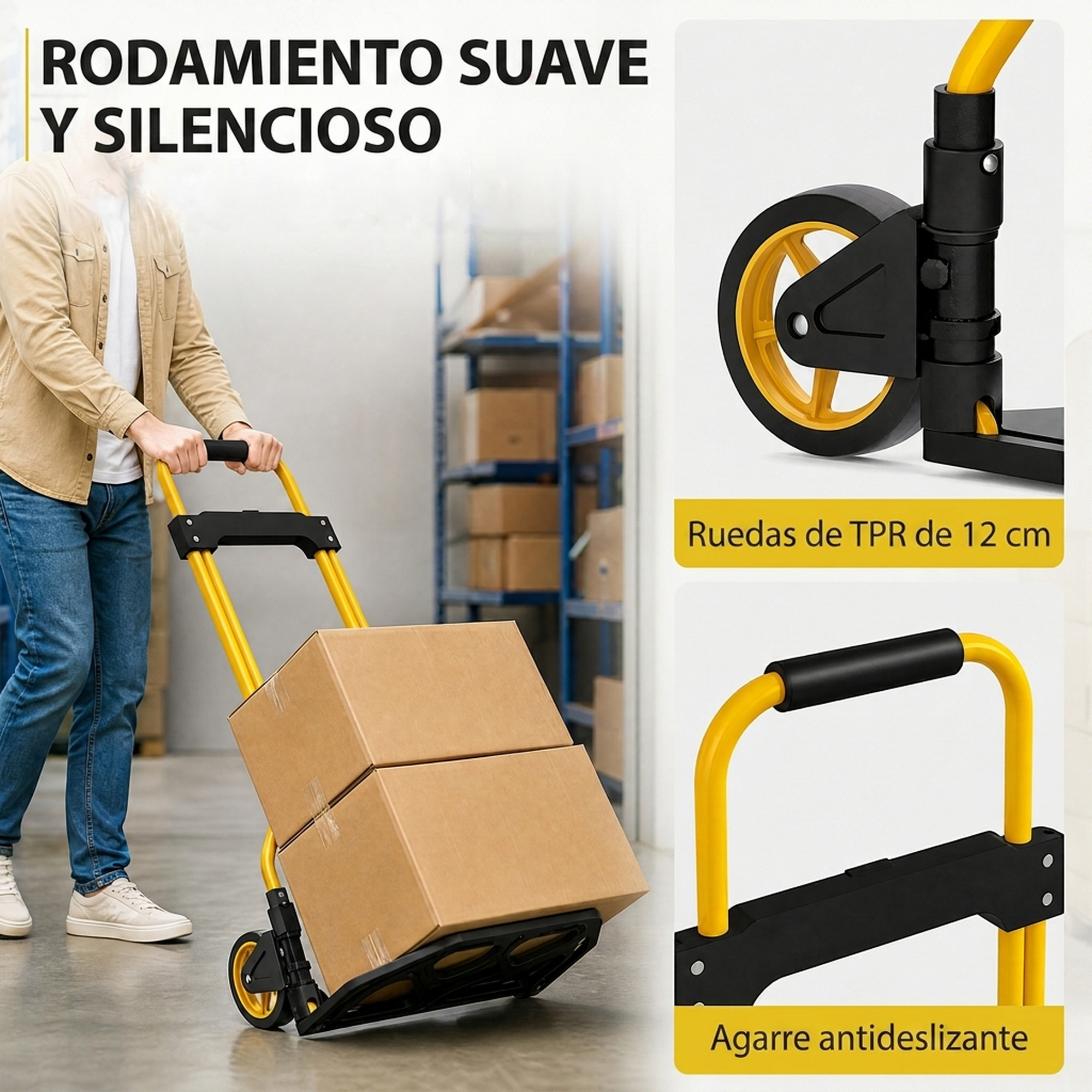 Persona empuja carretilla amarilla con cajas, destacando ruedas TPR de 12 cm y mango antideslizante.