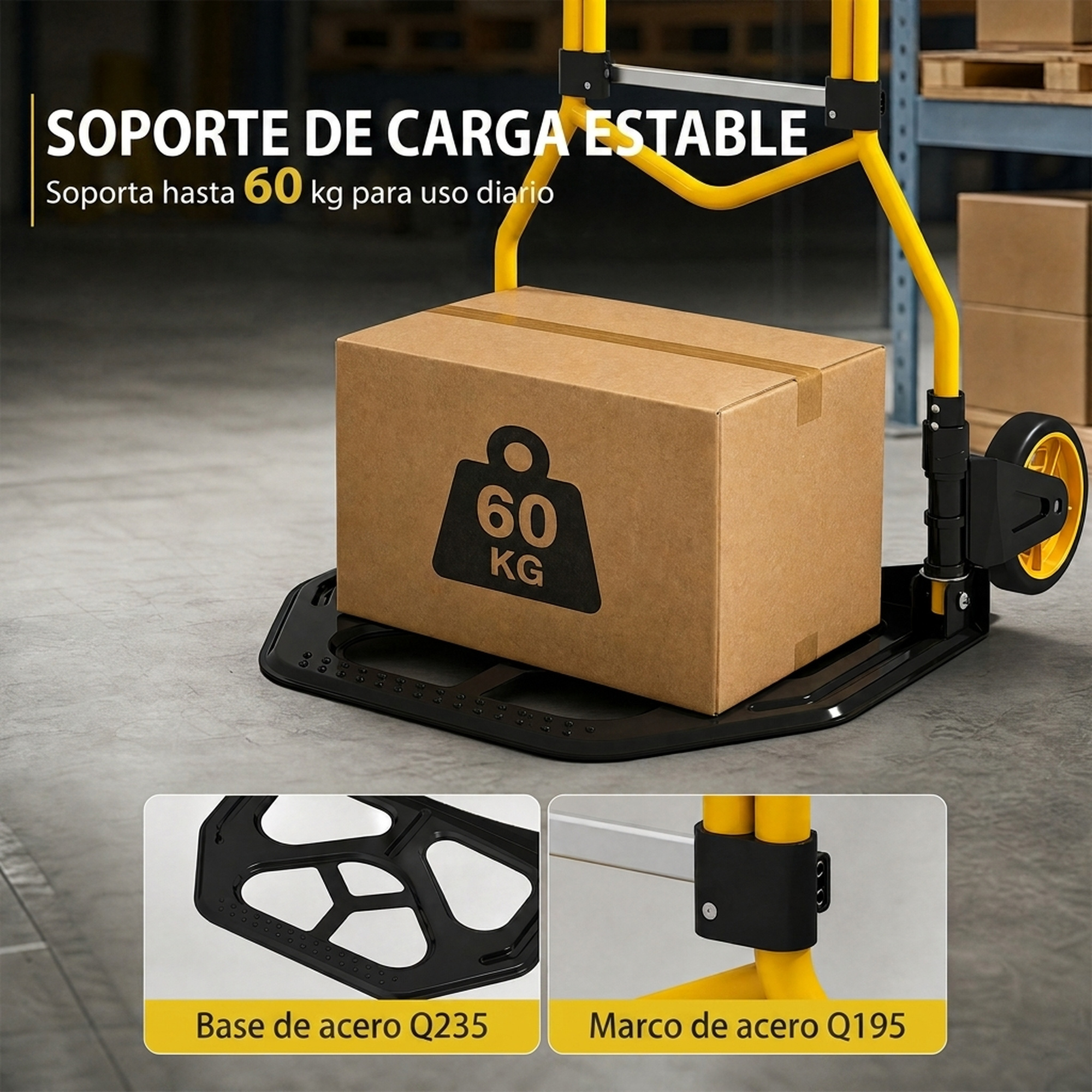 Una carretilla amarilla y negra transporta una caja con icono de 60 kg, con detalles de la base y el marco.