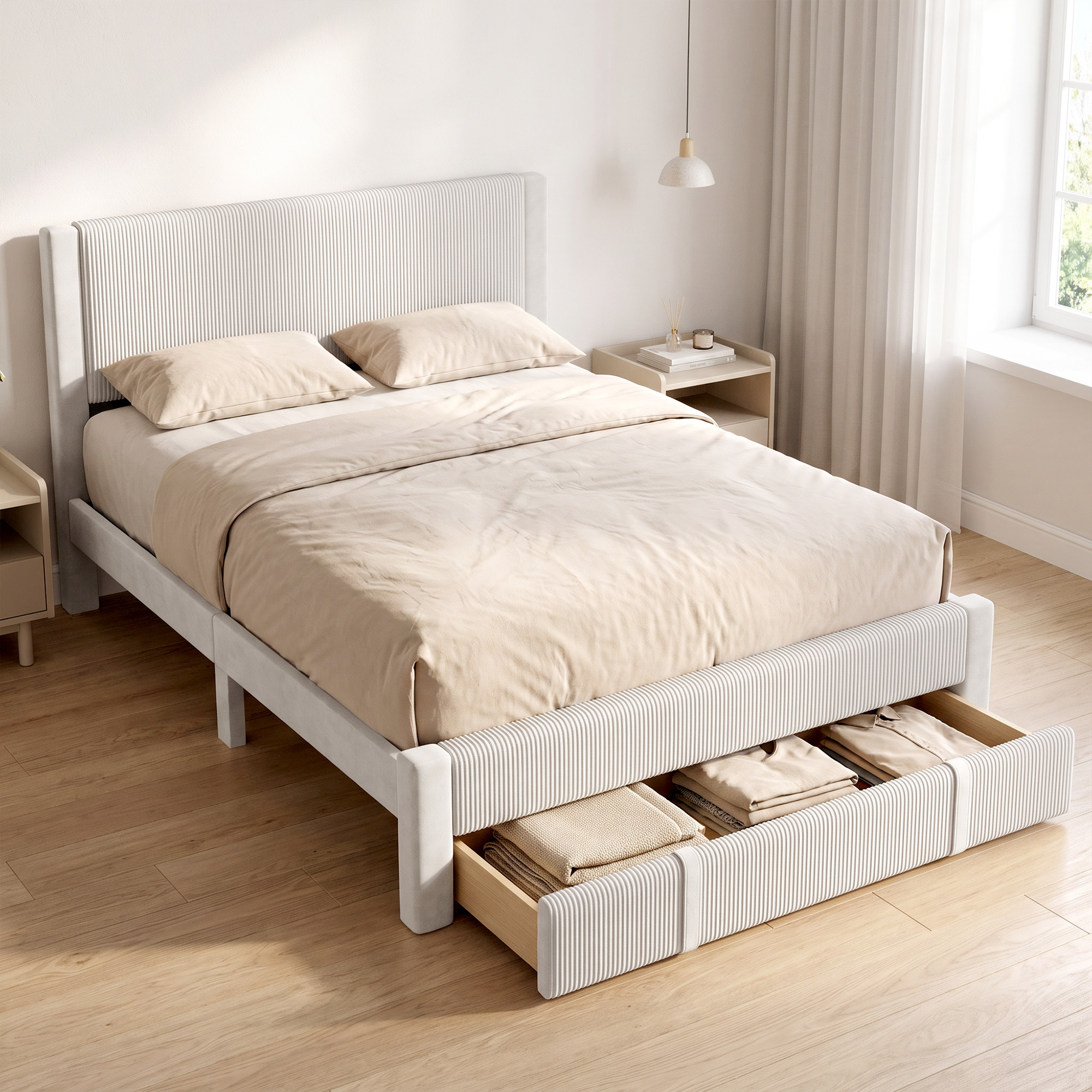 Una cama blanca con ropa de cama beige y un cajón abierto con ropa en un suelo de madera en una habitación luminosa.