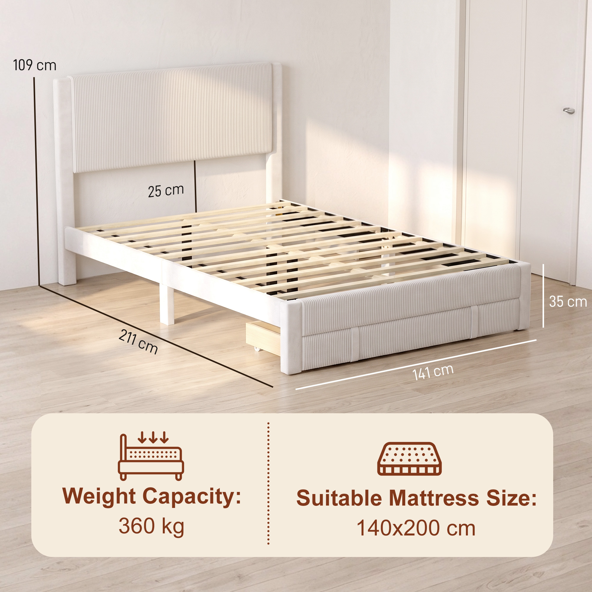 Cama blanca con listones de madera, cabecero y dimensiones, con iconos de capacidad y tamaño de colchón.