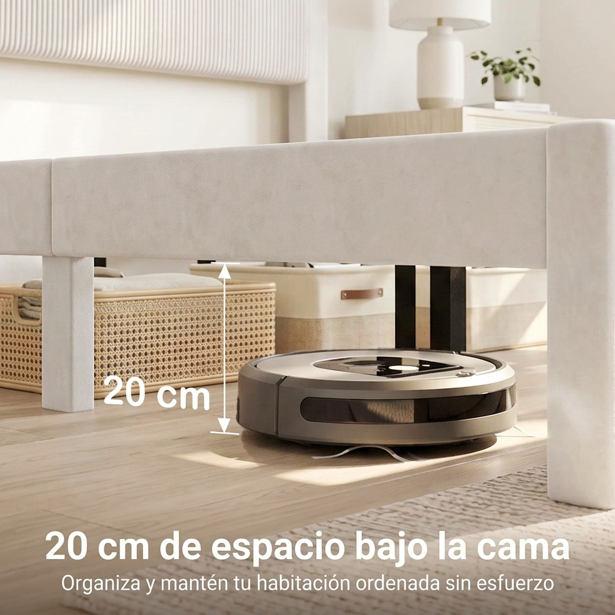 Un robot aspirador bajo una cama con 20 cm de altura libre en un dormitorio.