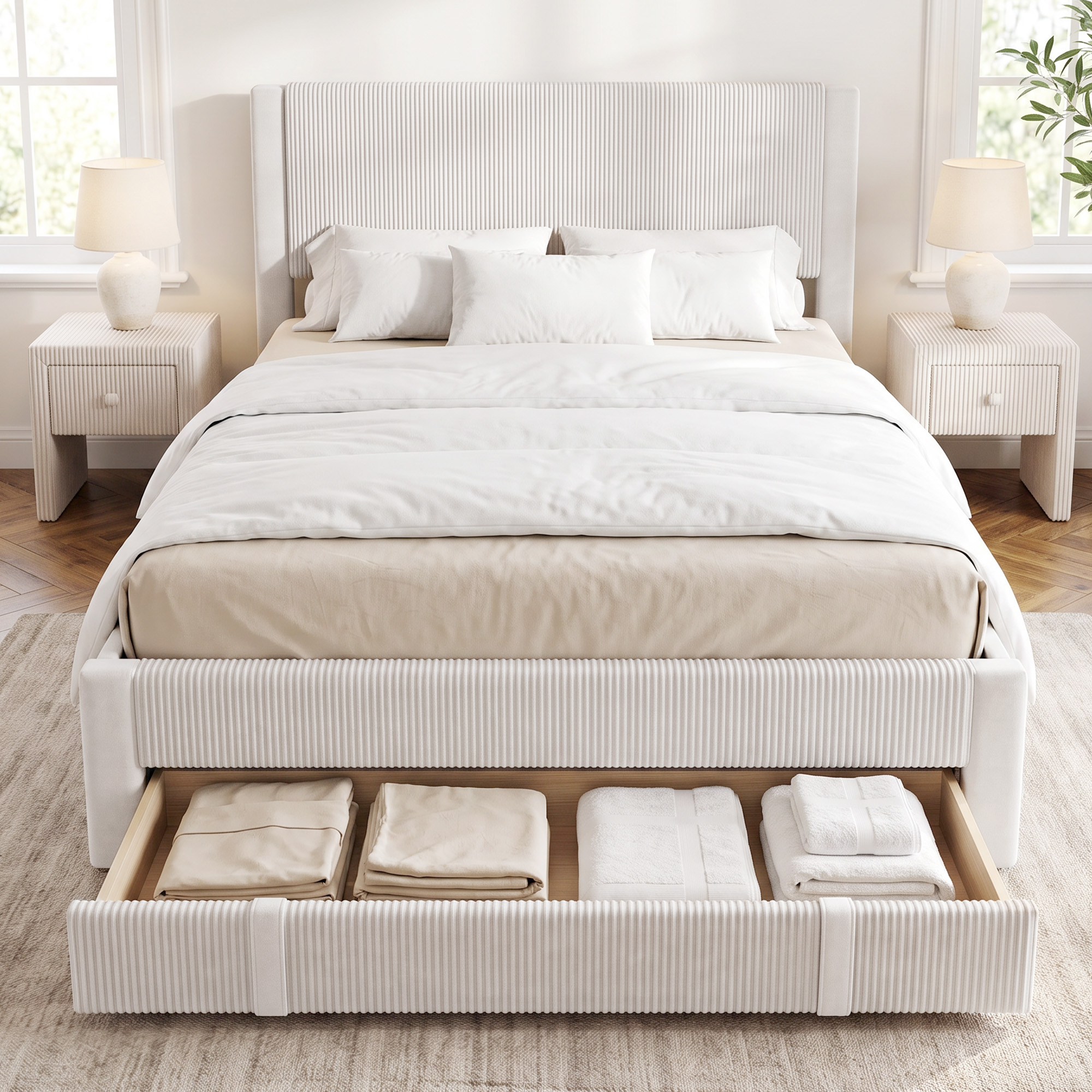 Una cama blanca con cabecera y piecera acanaladas, mesitas de noche, lámparas y un cajón abierto con ropa de cama doblada.
