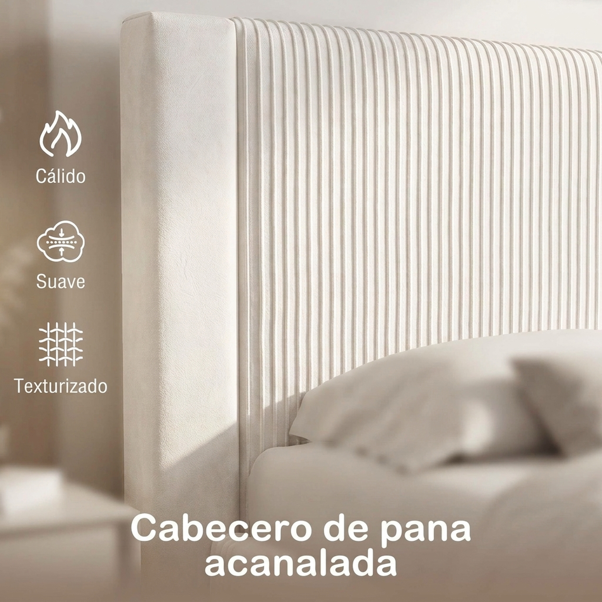 Cabecero de pana acanalada beige con cojines e iconos.