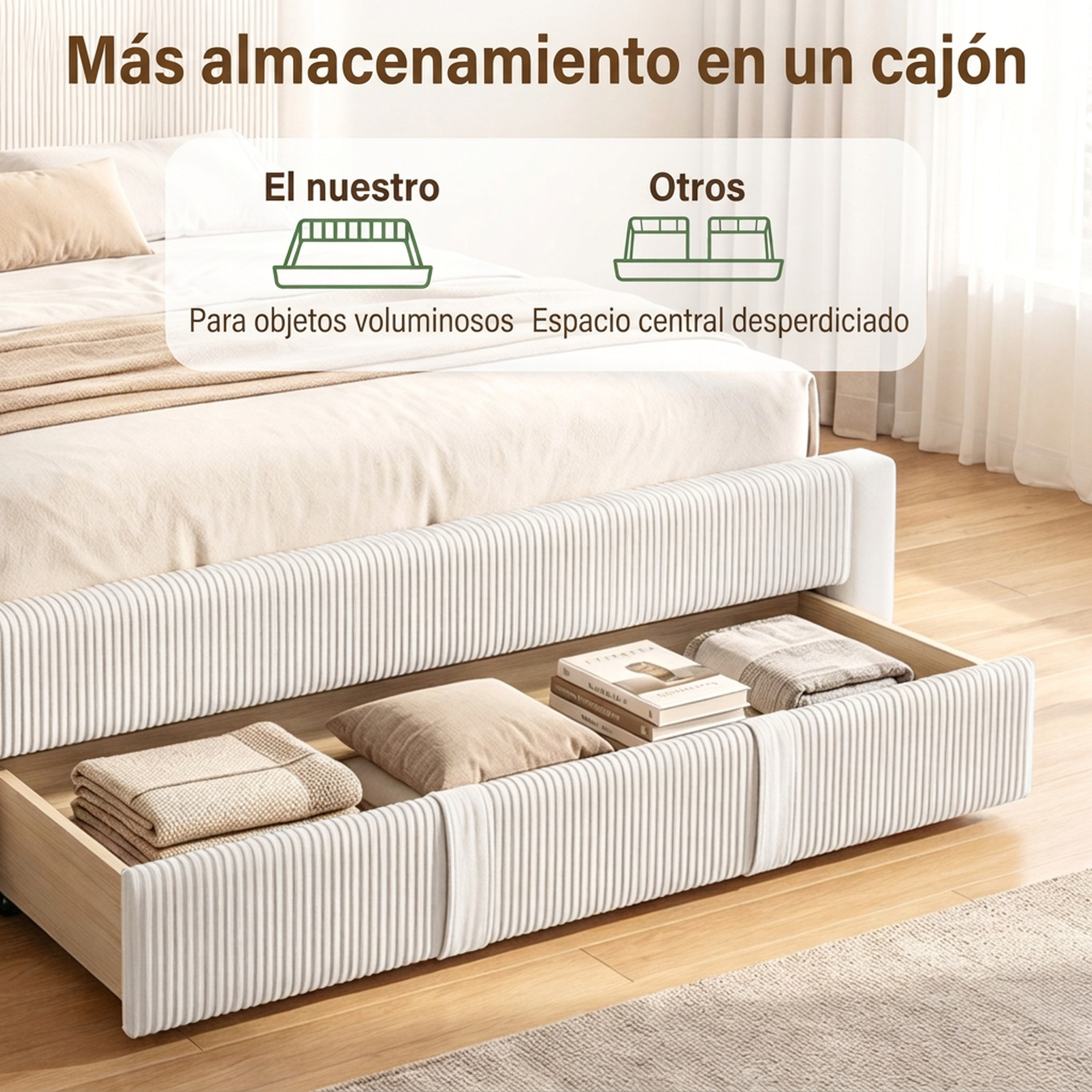 Una cama beige con un gran cajón abierto debajo, que contiene mantas dobladas, una almohada pequeña y libros.