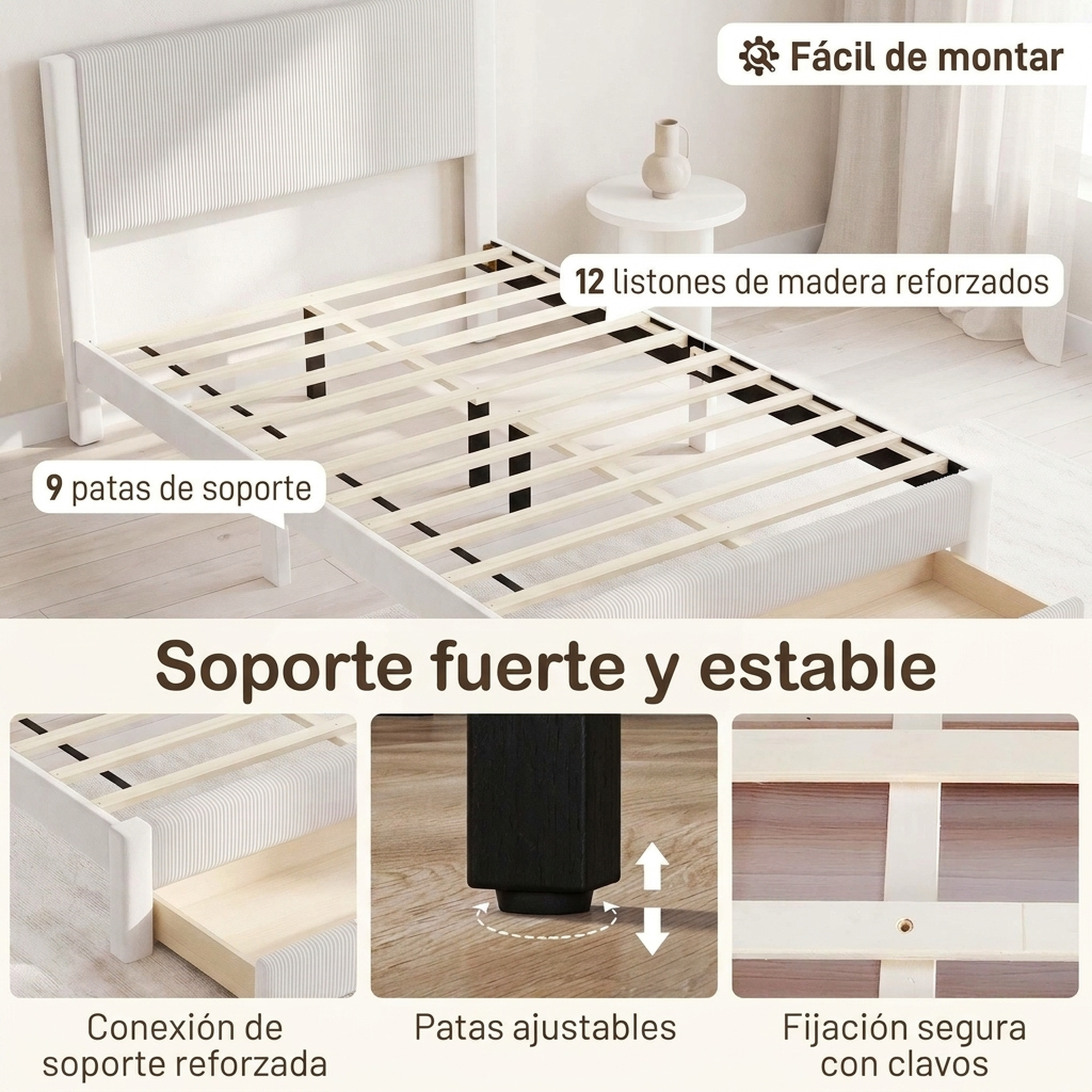 Estructura de cama con listones de madera y tapicería, destacando su estabilidad.