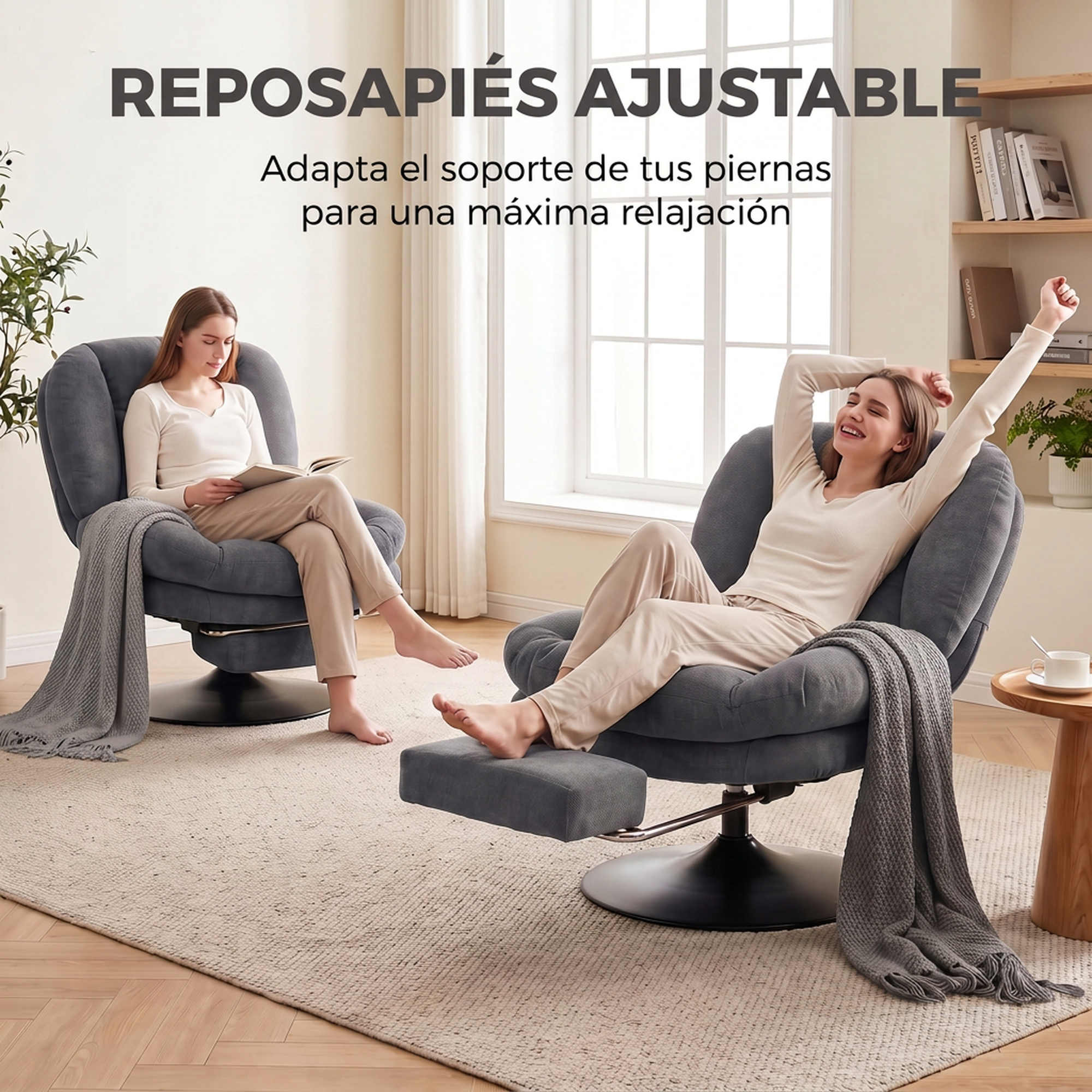 Dos mujeres relajándose en sillones grises con reposapiés en una sala luminosa.