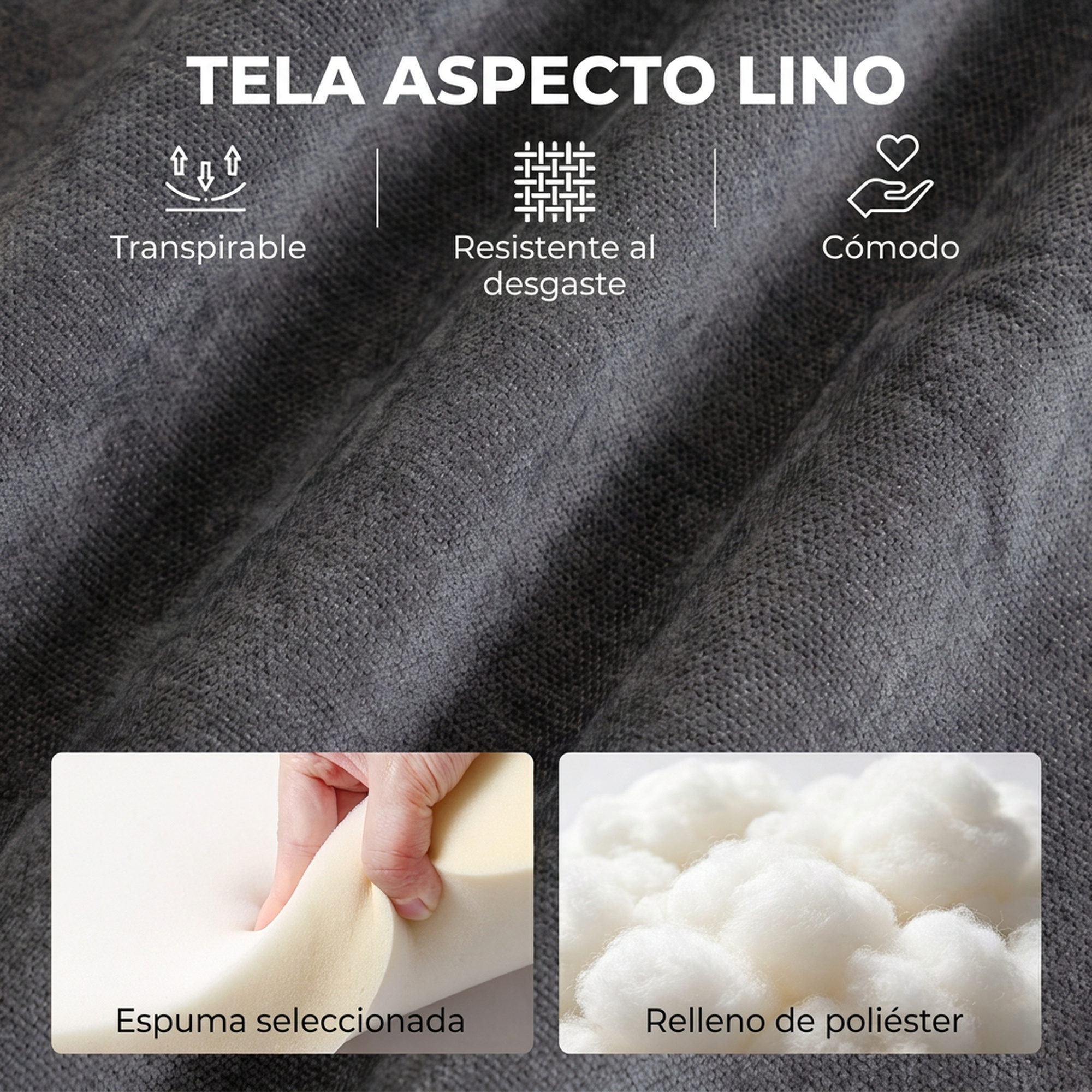 Tela gris aspecto lino con iconos de transpirable, resistente, cómodo, espuma y relleno de poliéster.