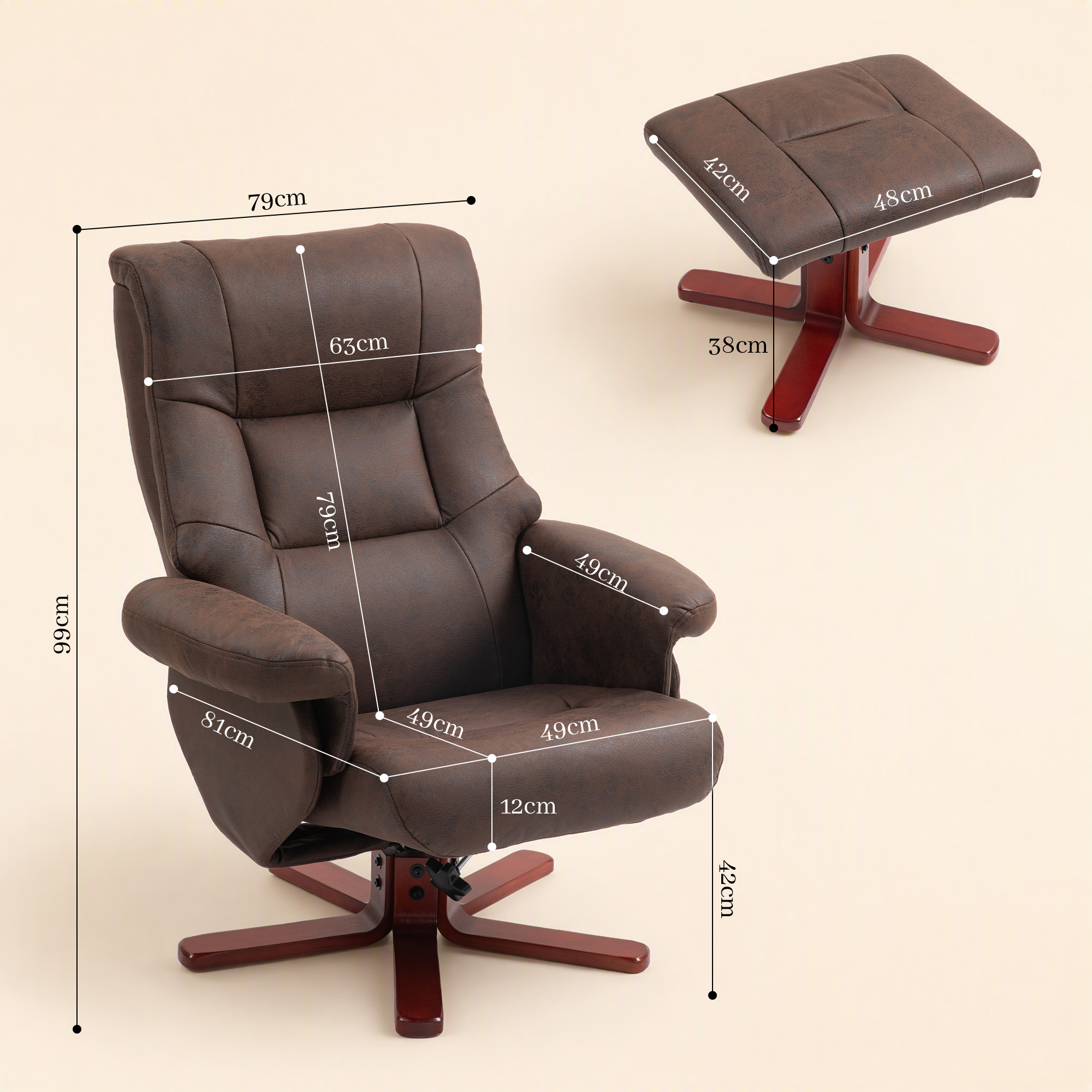 Sillón marrón con reposapiés y medidas sobre fondo claro.