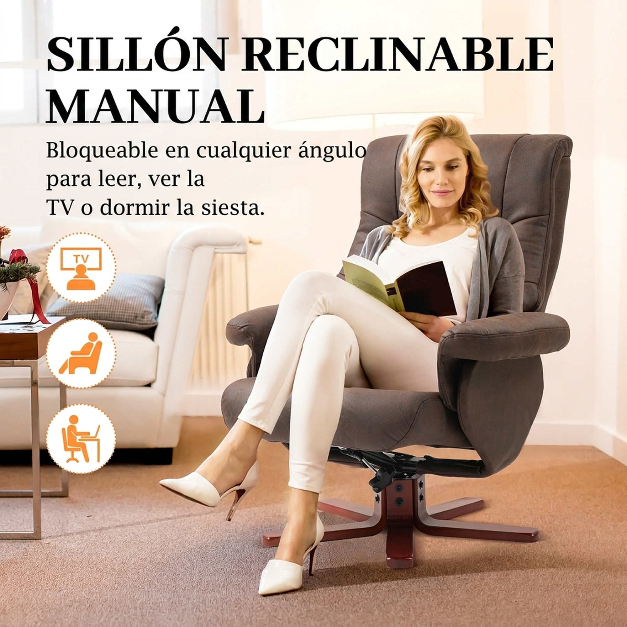 Mujer se sienta en un sillón reclinable gris leyendo un libro.