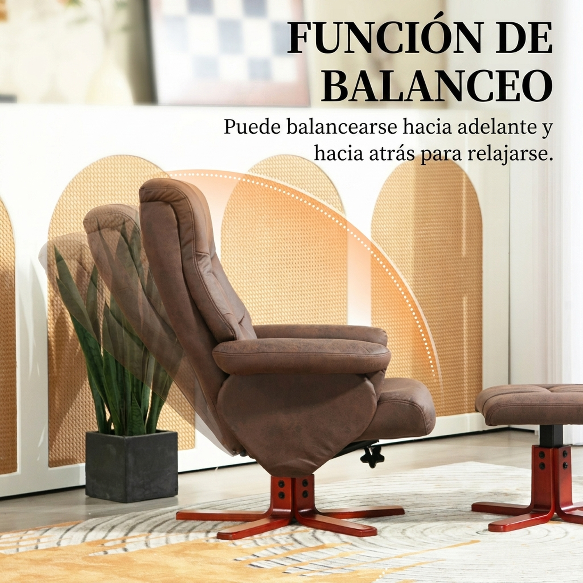 Sillón mecedor marrón con taburete en habitación luminosa, con planta en maceta y texto en español.