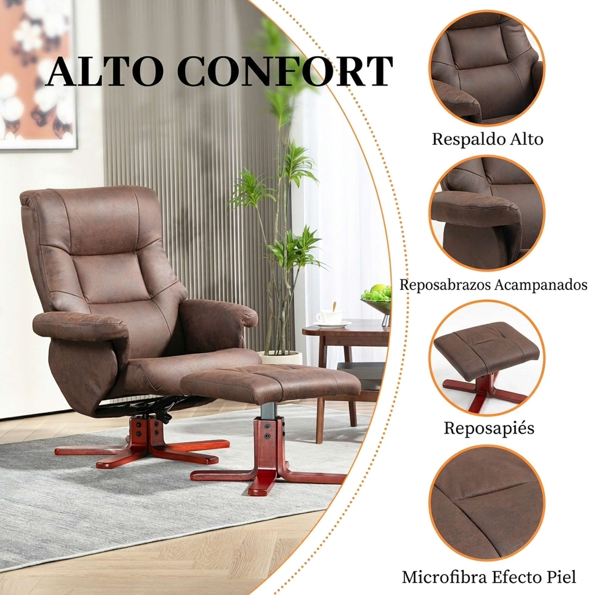 Sillón de cuero marrón con reposapiés a juego, base de madera y detalles de respaldo y reposabrazos.