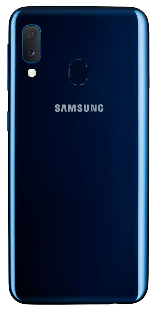 Le dos bleu d'un smartphone Samsung avec un double appareil photo vertical et un capteur d'empreintes.