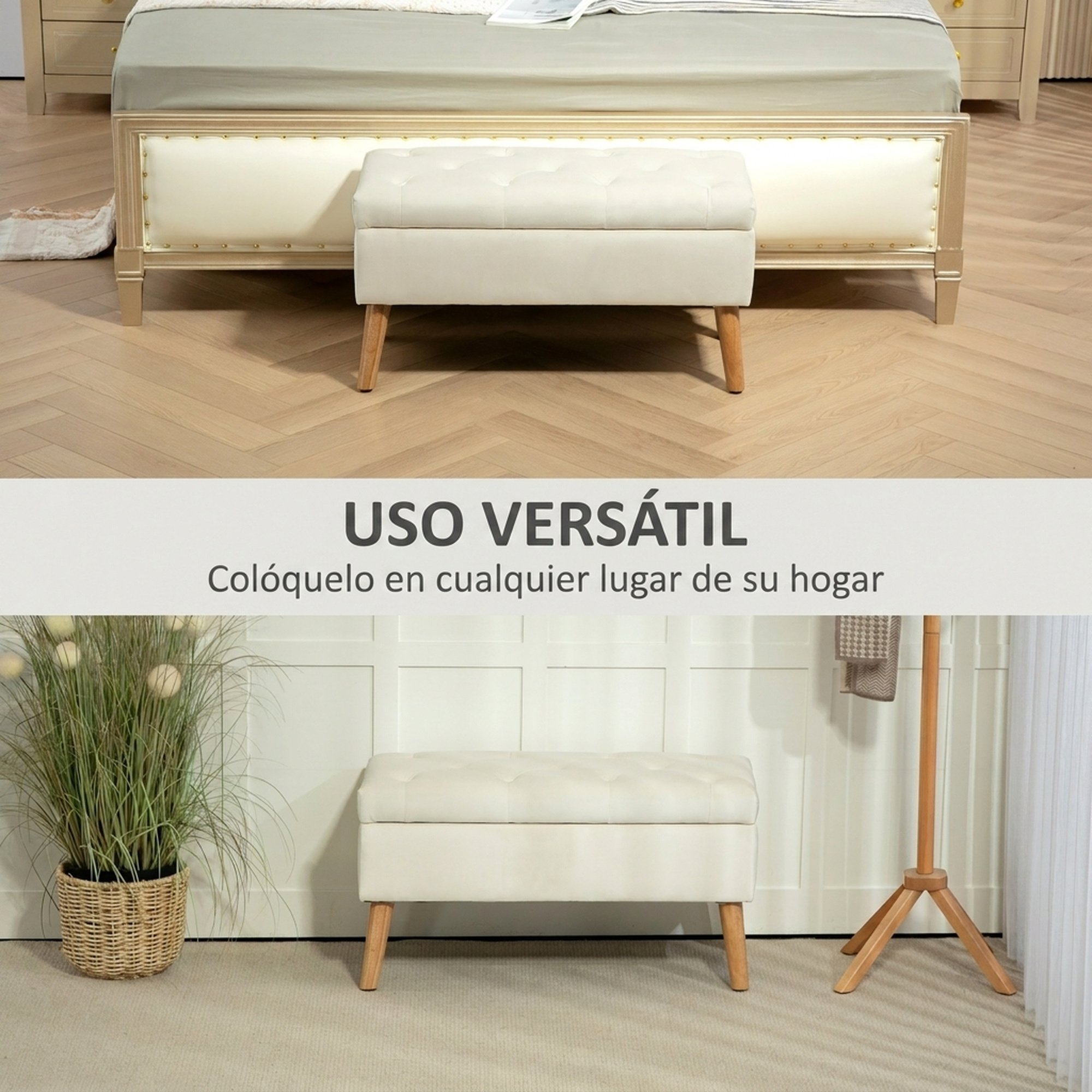 Un banco de almacenamiento acolchado blanco con patas de madera se muestra en dos hogares.