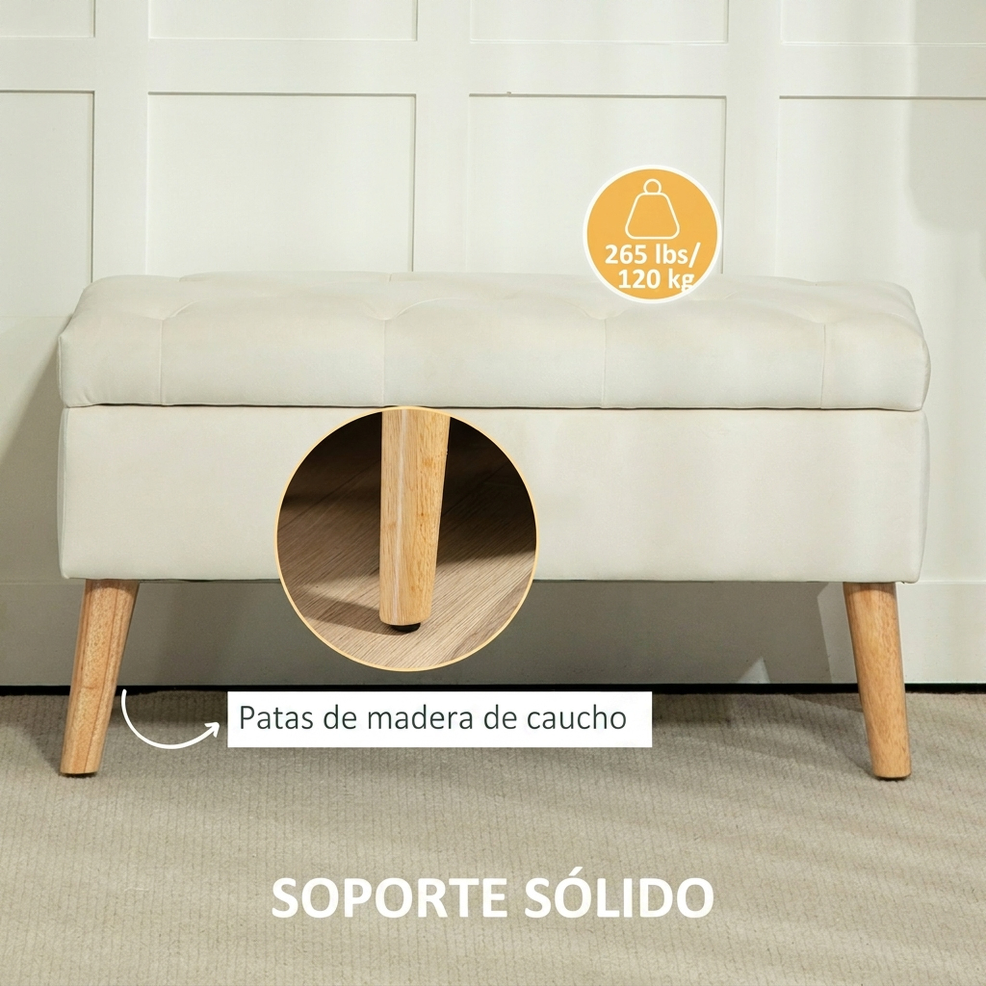 Banco de almacenamiento tapizado en beige con patas de madera contra una pared.