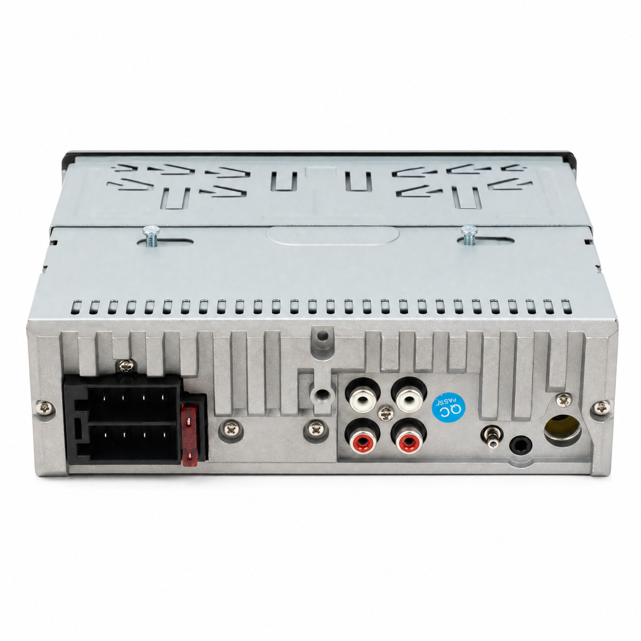 The back panel of a car audio receiver showing various ports, including power connectors and RCA jacks on a silver chassis.