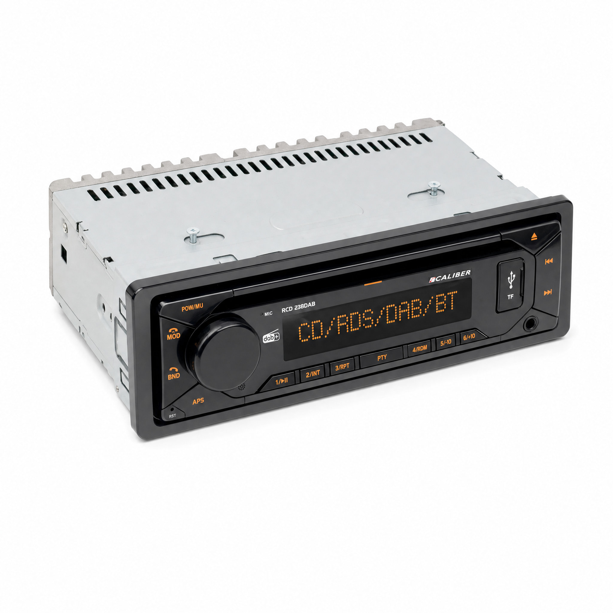 Black car radio with orange display, rotary knob, and buttons against a white background.