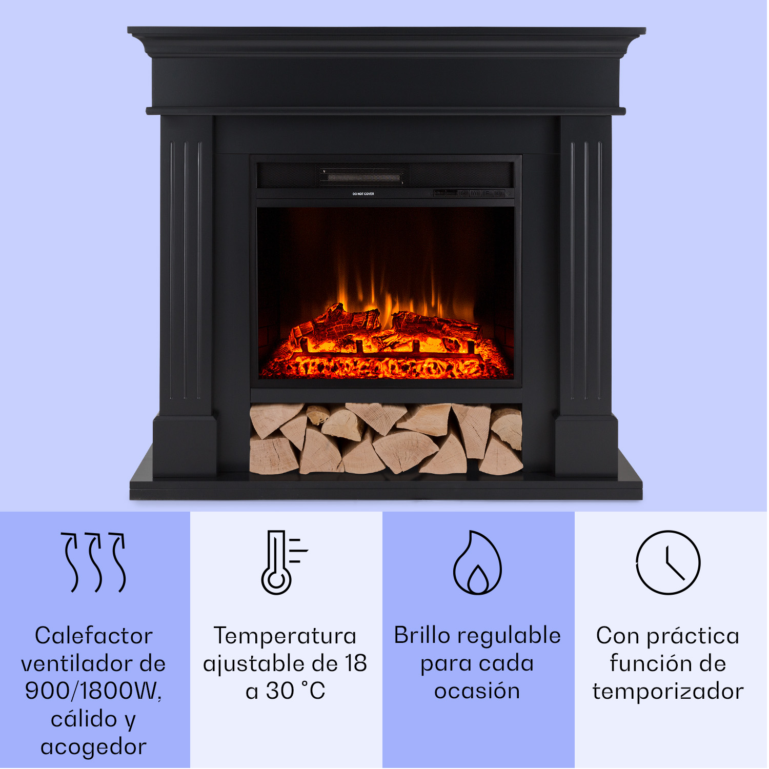 Elektrischer Kamin in Schwarz mit künstlichen Flammen, Holzscheiten unten und vier blauen Feature-Feldern unten.