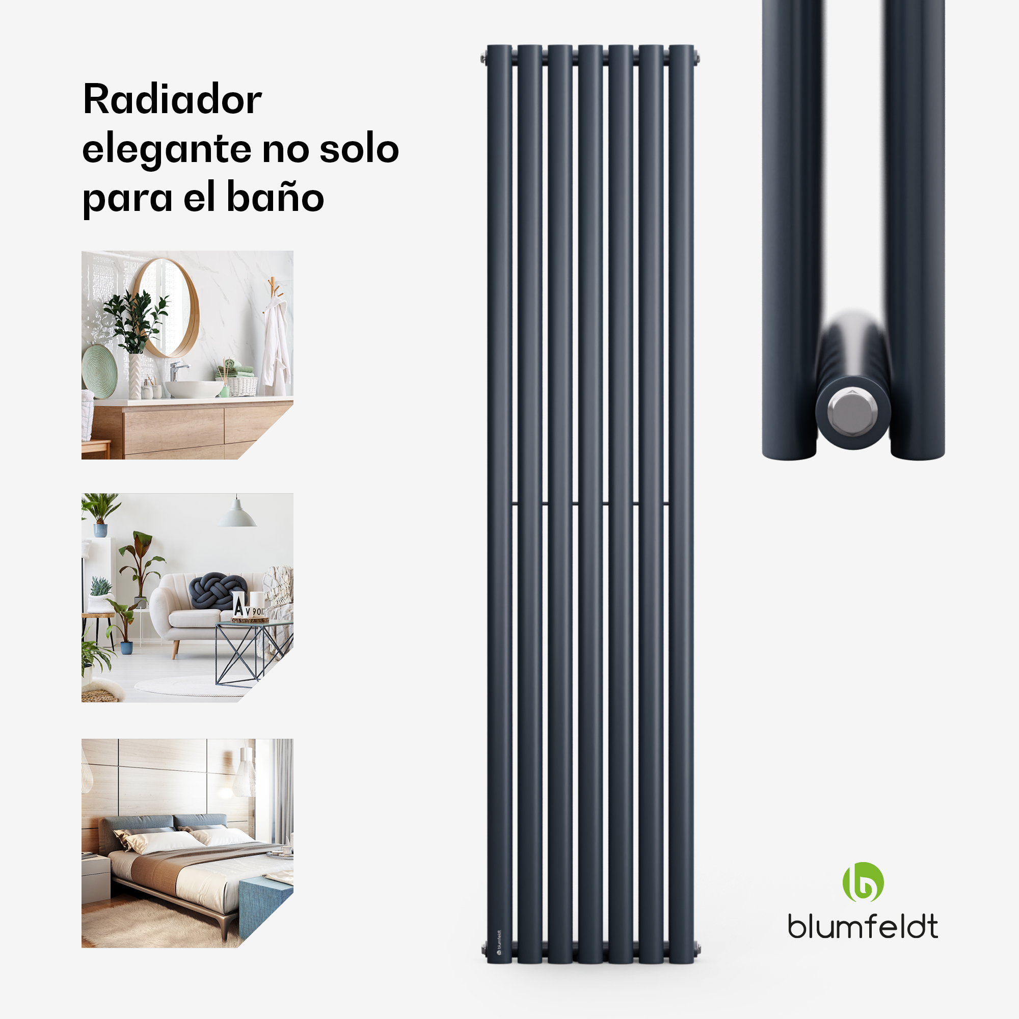 Radiador de diseño vertical gris oscuro con ejemplos de aplicación en un baño, sala de estar y dormitorio.