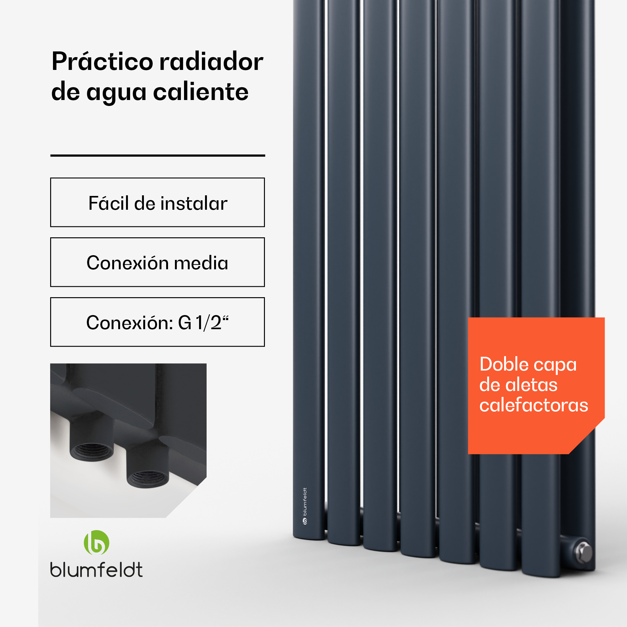 Radiador de agua Blumfeldt gris oscuro con texto y detalles técnicos.