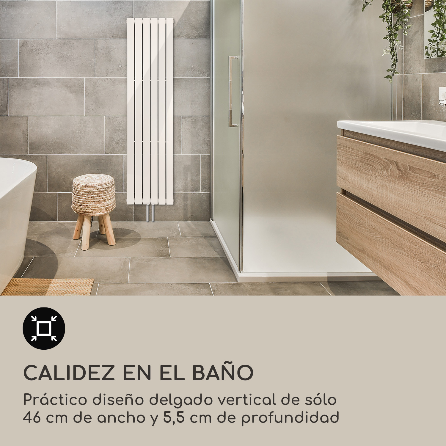Un baño moderno con paredes de azulejos grises, un radiador vertical blanco, mueble de madera y ducha.