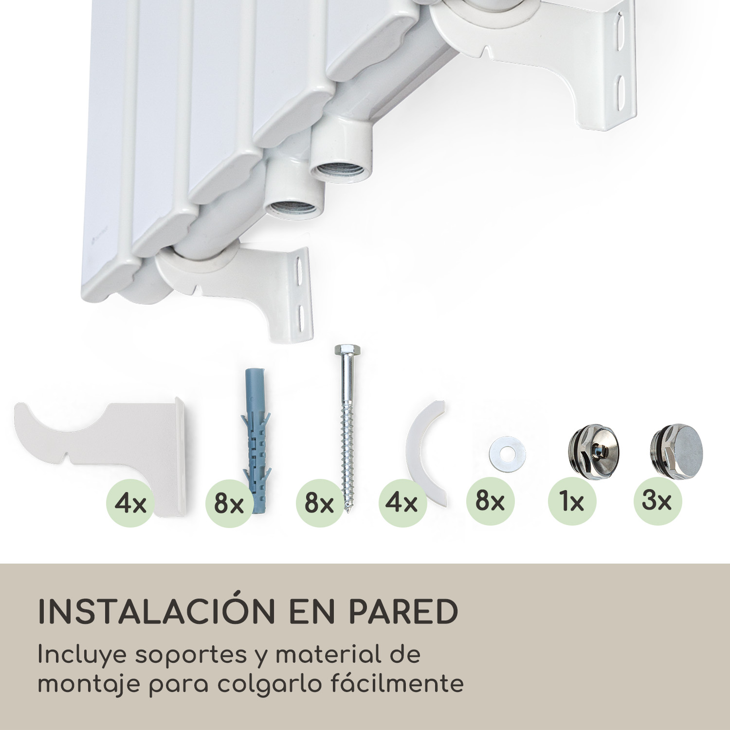 Kit de montaje en pared para radiador con soportes, tornillos, tacos y accesorios sobre fondo blanco.