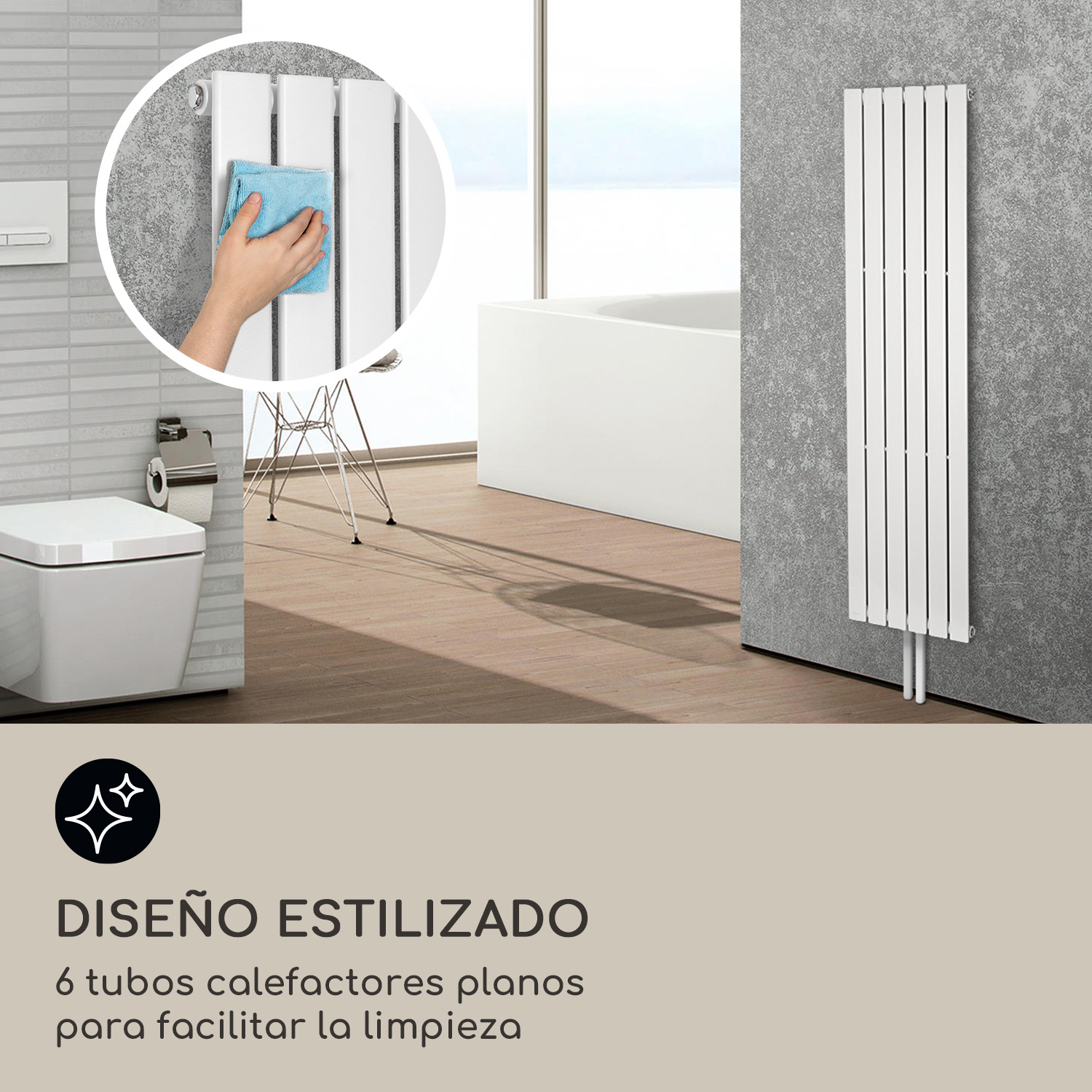 Una mano limpia un radiador plano blanco con un paño azul en un baño moderno.