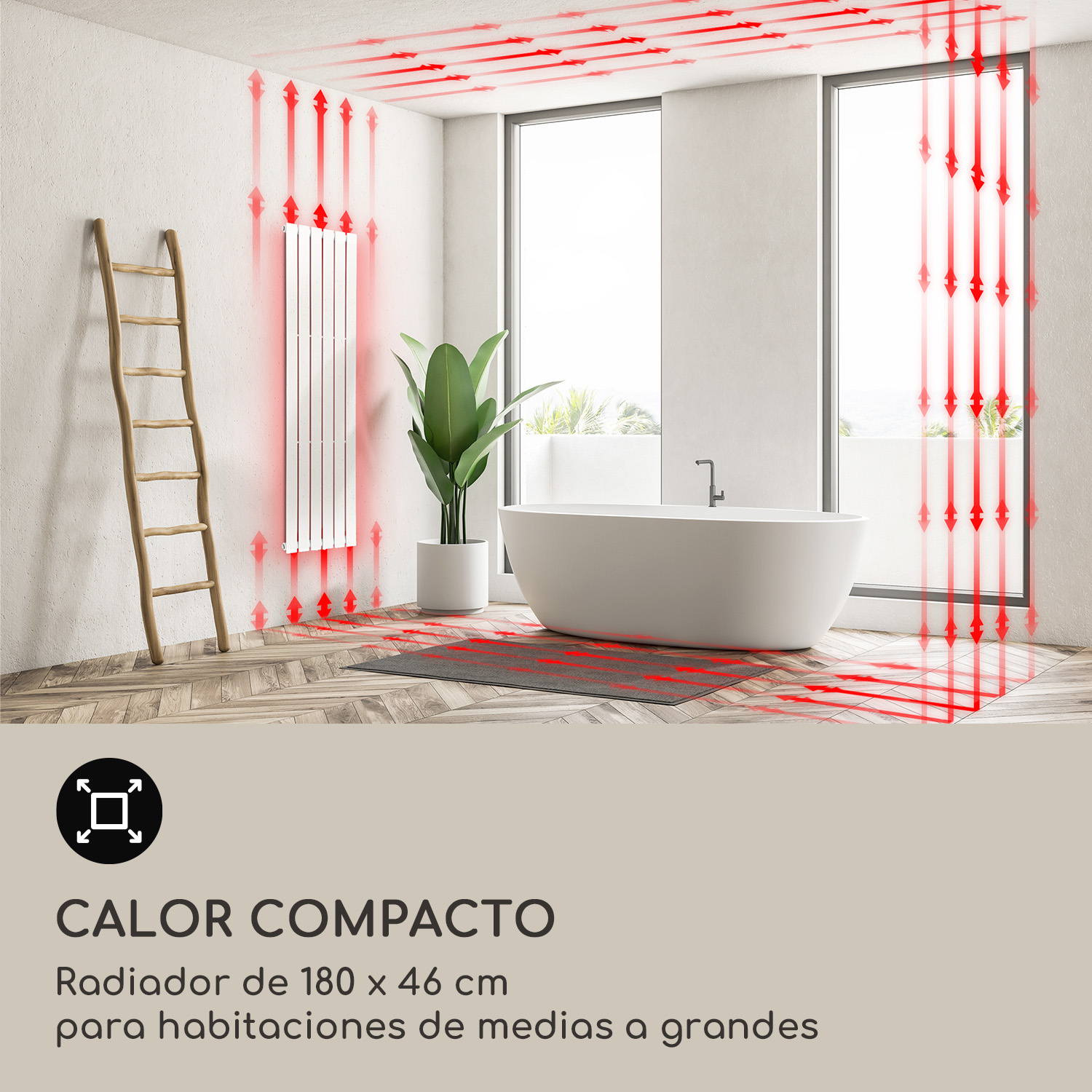 Un radiador de baño blanco en un baño moderno muestra flechas rojas de flujo de calor.