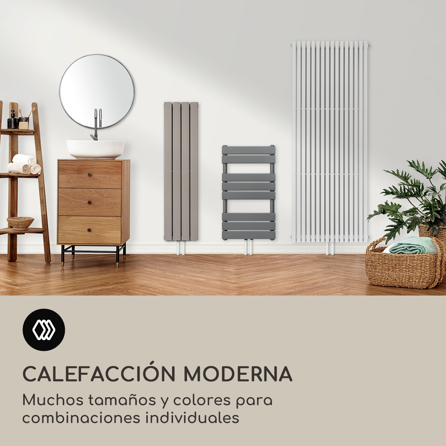Un baño moderno muestra tres estilos de radiadores diferentes en gris, beige y blanco.