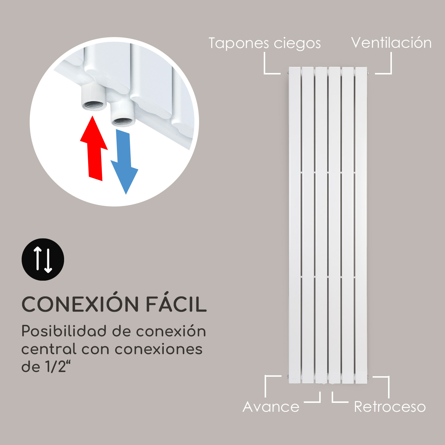 Diagrama de un radiador blanco con detalles de conexión y etiquetas sobre fondo gris.