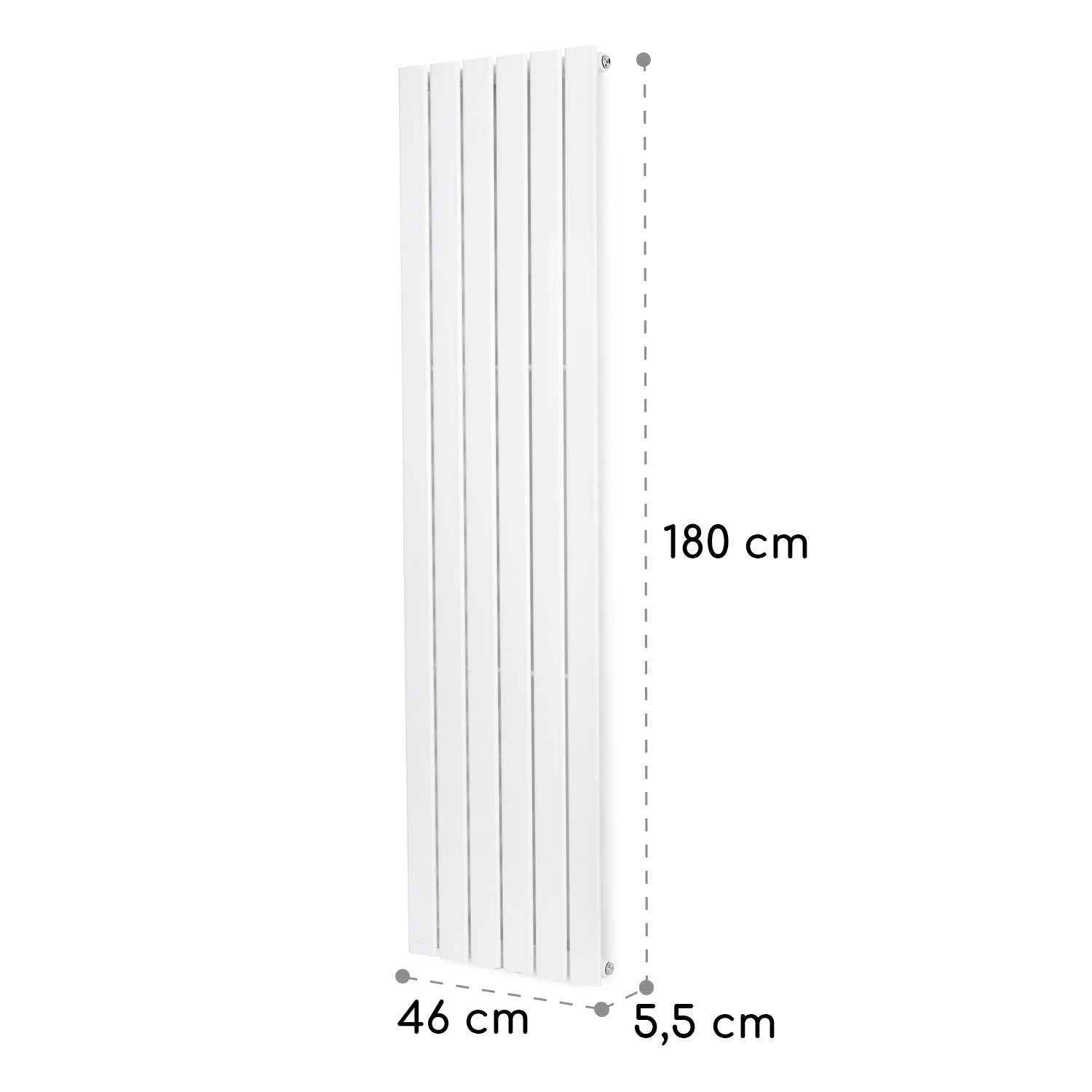 Radiador plano vertical blanco sobre fondo blanco con medidas de 180 cm de alto, 46 cm de ancho y 5,5 cm de fondo.