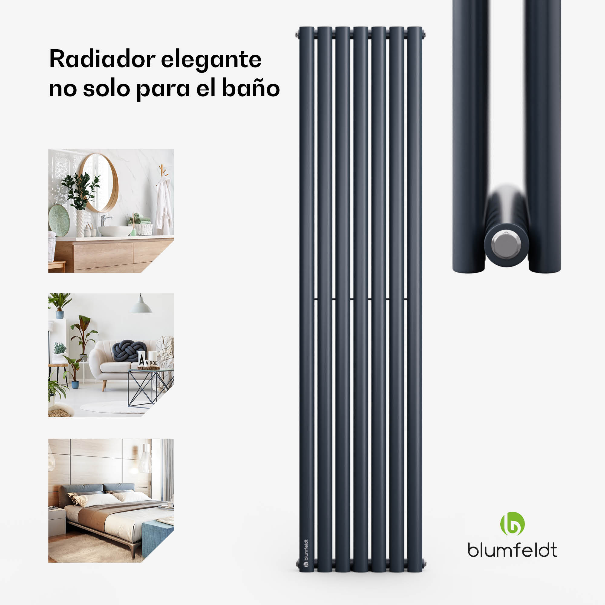 Radiador de diseño gris oscuro de Blumfeldt con tres pequeñas fotos de aplicación en baño, salón y dormitorio.