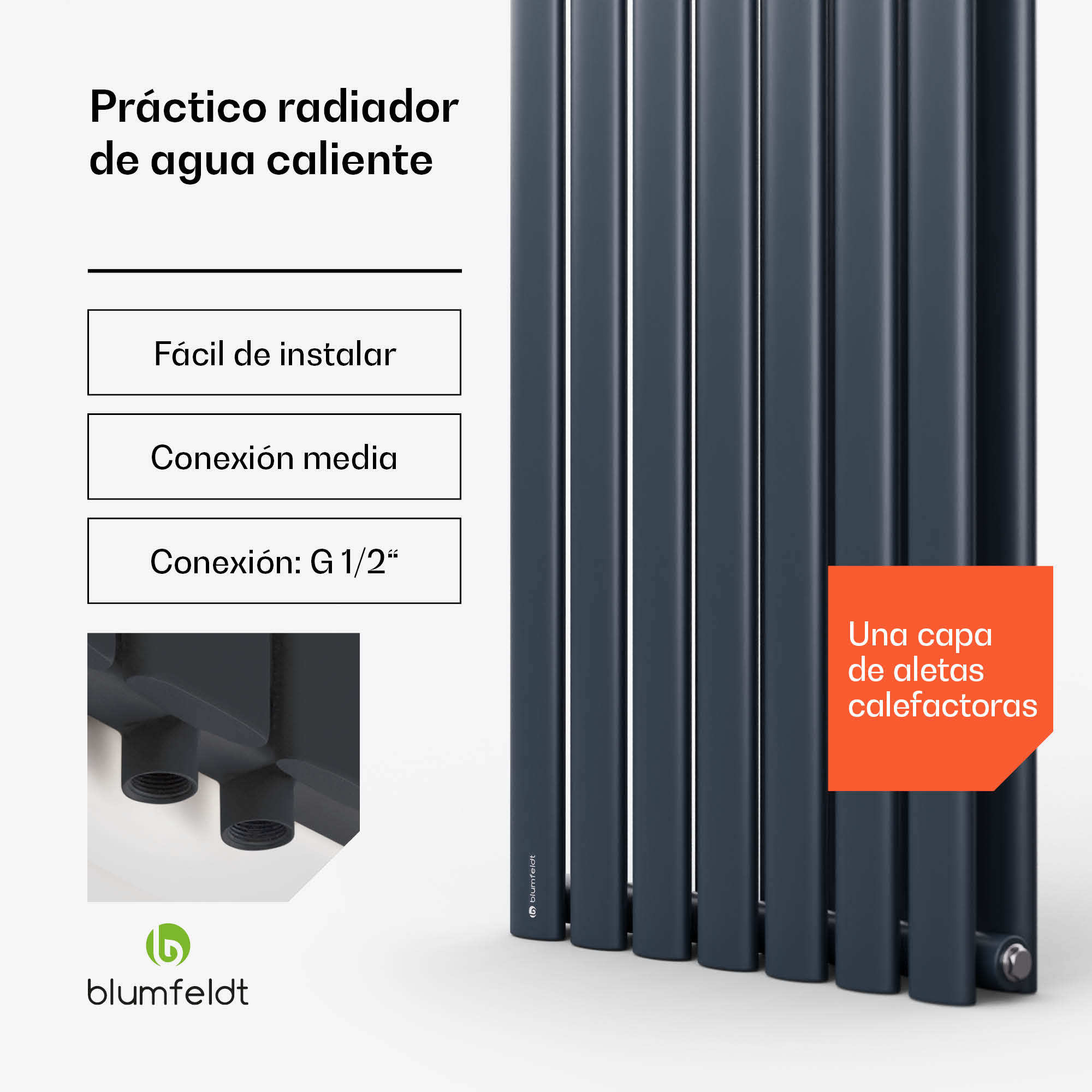 Radiador Blumfeldt gris oscuro con texto de producto y conexiones.
