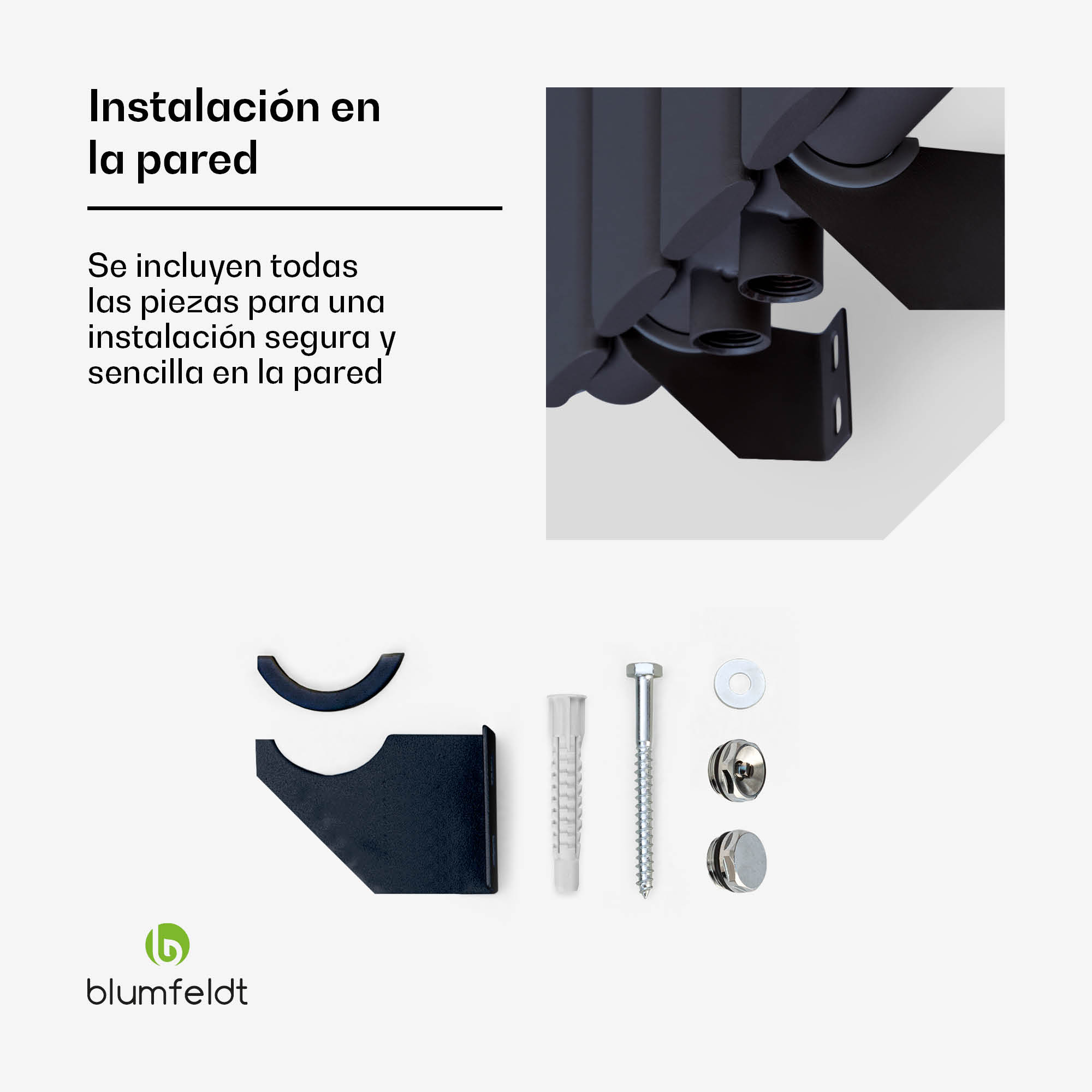 Kit de montaje en pared con soportes, tornillos, tacos y arandelas para un radiador sobre fondo blanco.