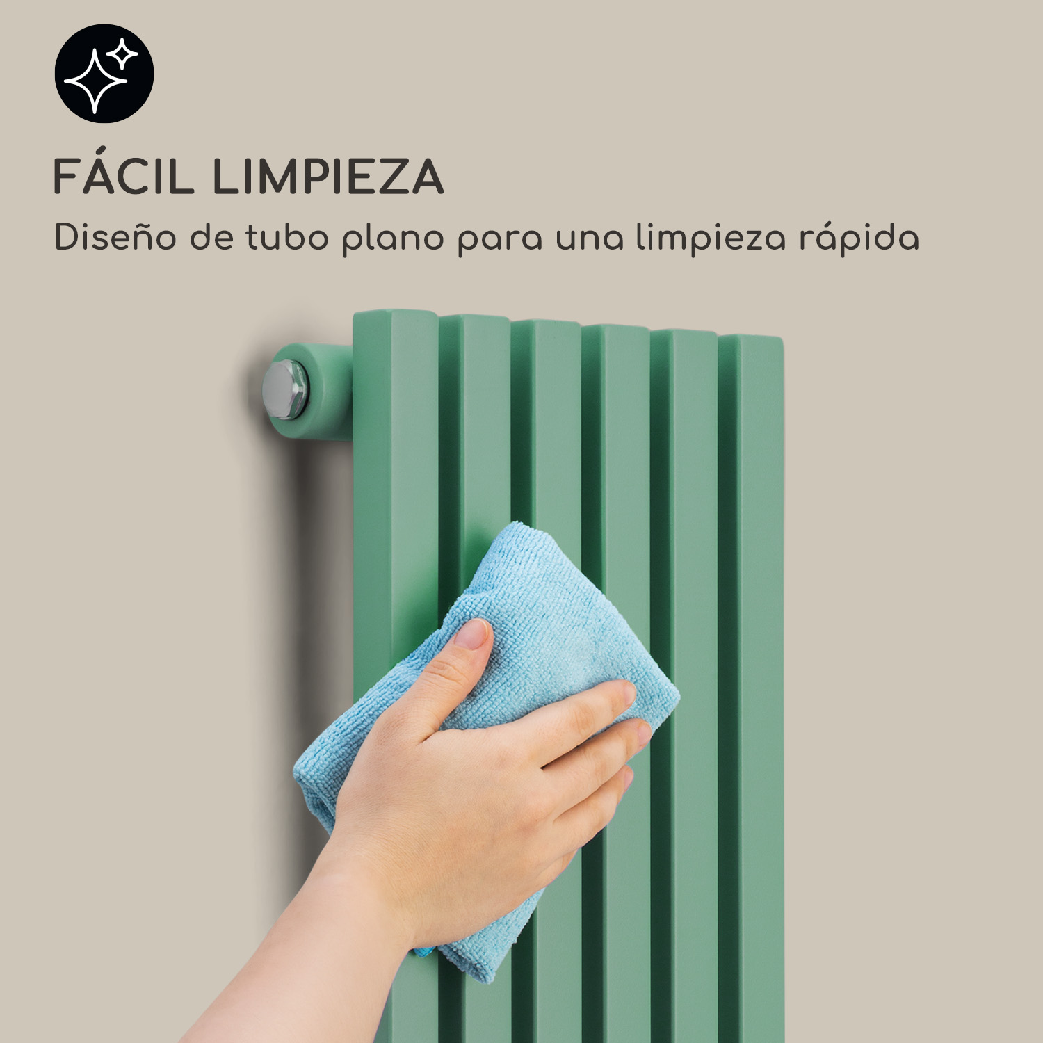 Una mano limpia un radiador de tubo plano verde con un paño azul.