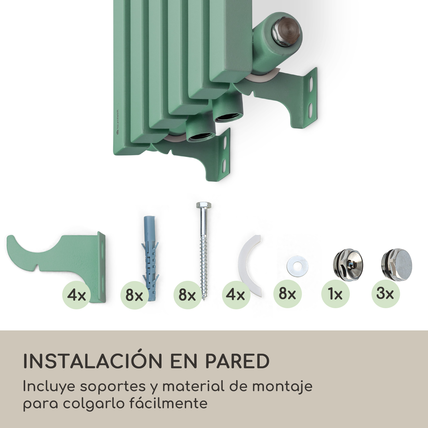 Radiador verde con accesorios de montaje y soportes de pared sobre fondo blanco.