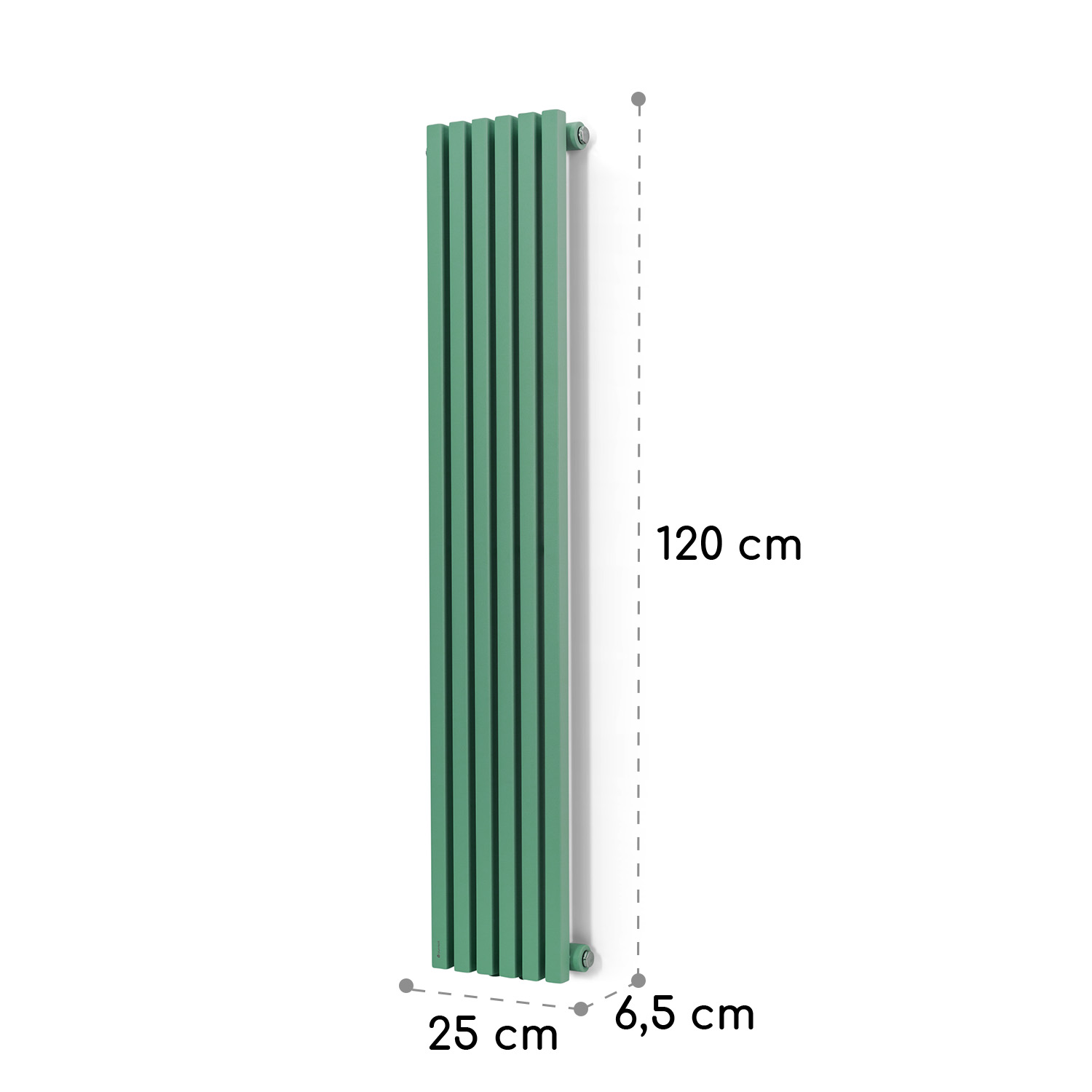 Radiador vertical verde con dimensiones de 120 cm de alto, 25 cm de ancho y 6,5 cm de profundidad sobre fondo blanco.