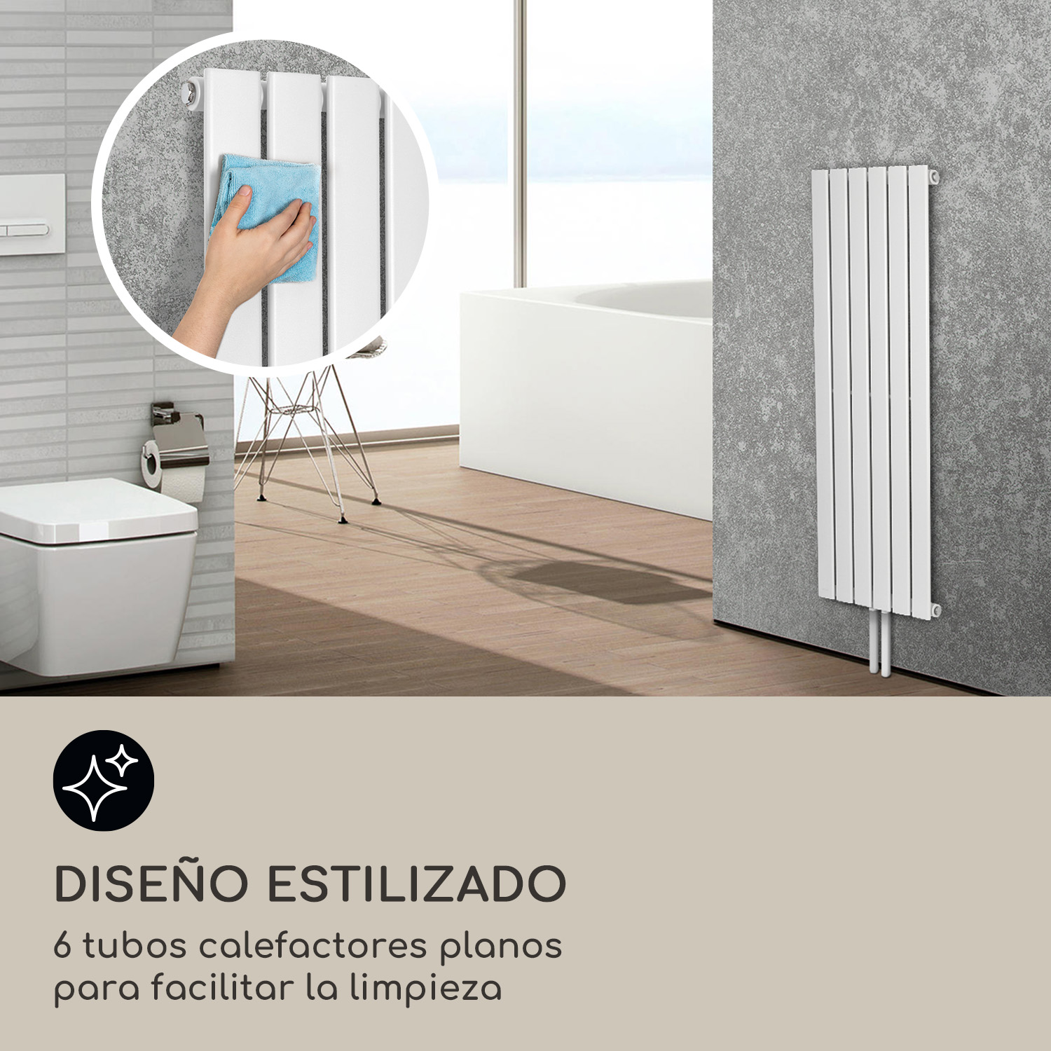 Un radiador plano vertical blanco con seis tubos se limpia en un baño moderno.