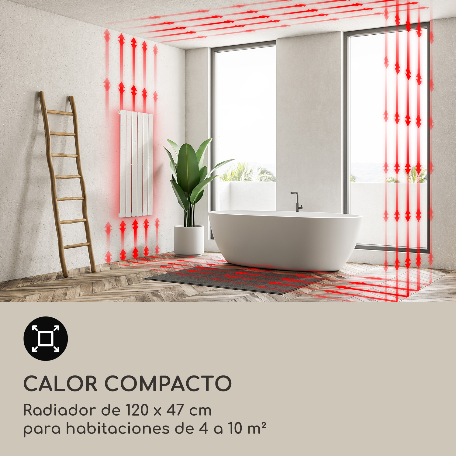 Un baño moderno con radiador, bañera y flechas rojas que ilustran la circulación de calor.