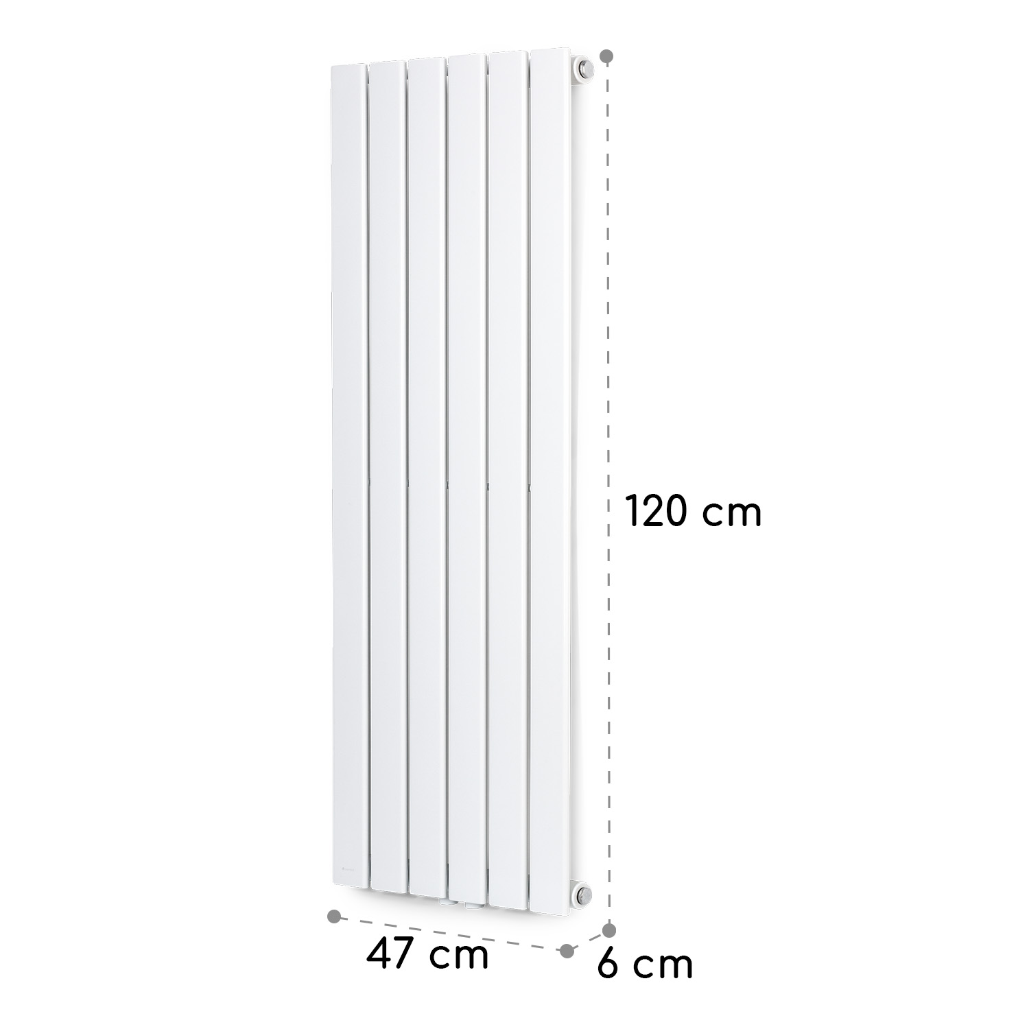 Un radiador de panel plano blanco vertical con dimensiones de 120 cm de alto, 47 cm de ancho y 6 cm de profundidad.