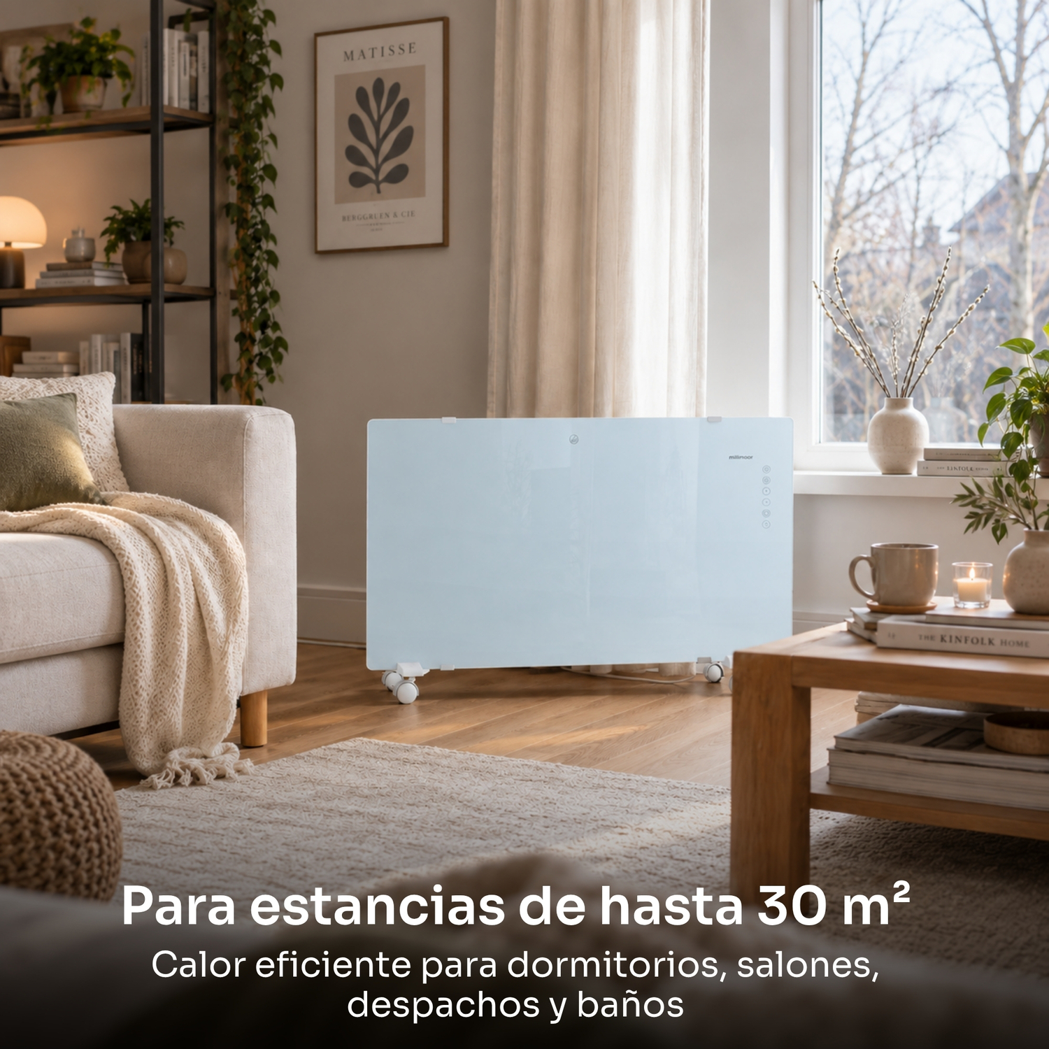Un calefactor de cristal blanco se encuentra en una sala acogedora junto a un sofá.