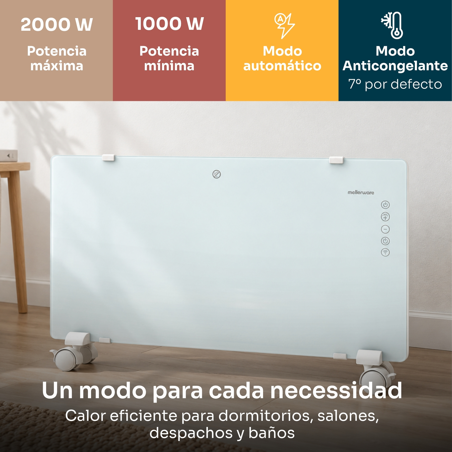Radiador de cristal con ruedas ante una pared clara y cuatro iconos de modo arriba.