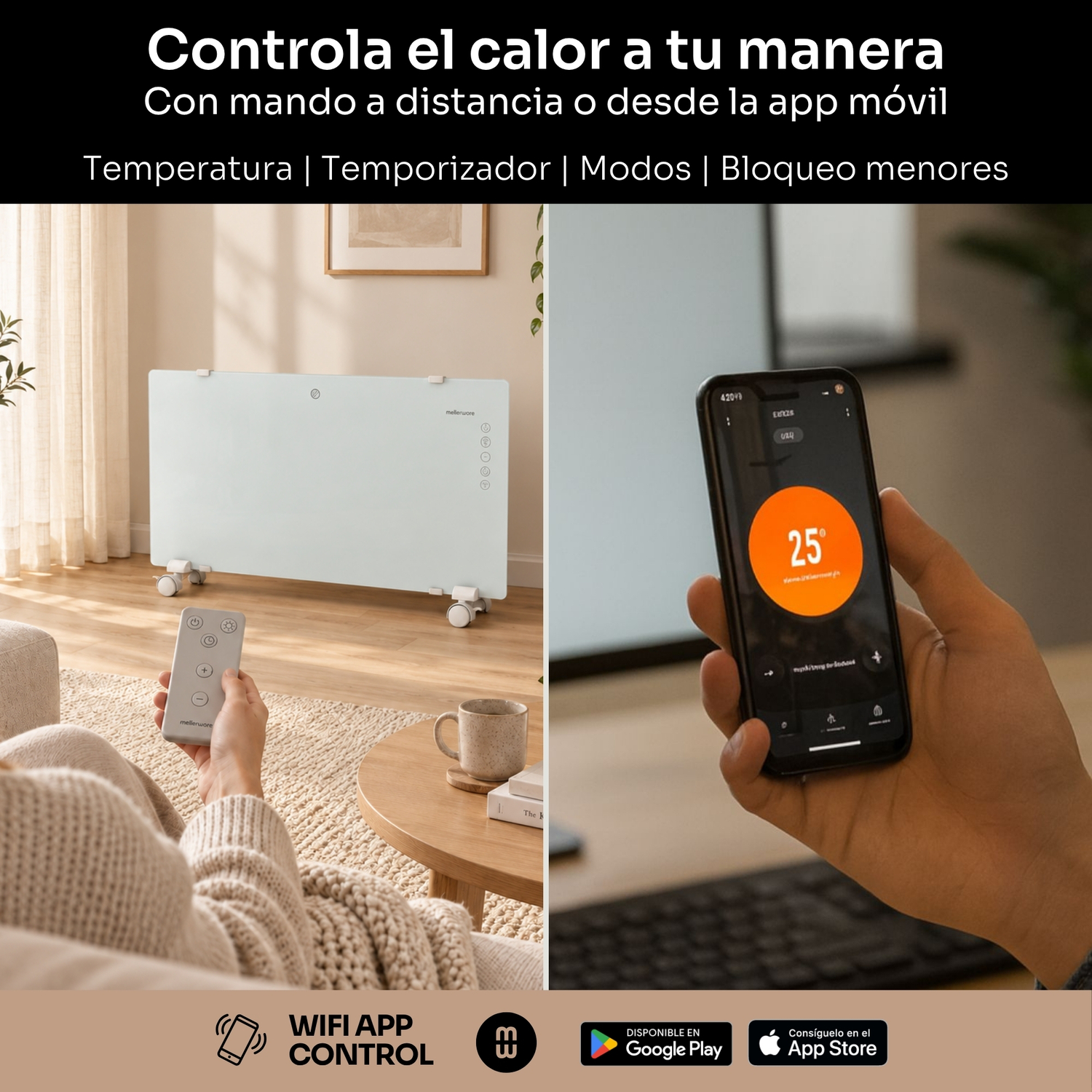 Un calefactor de cristal blanco en una sala, controlable por mando o app móvil.
