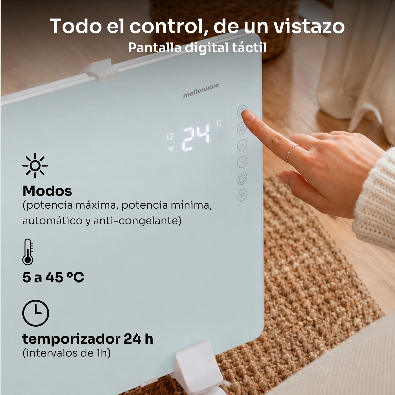 Mano tocando la pantalla táctil digital de un calefactor Mellerware azul claro.