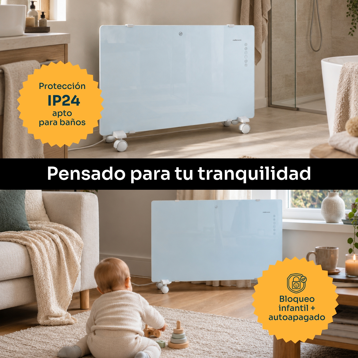 Un calefactor de vidrio azul claro en un baño y una sala con un bebé jugando.
