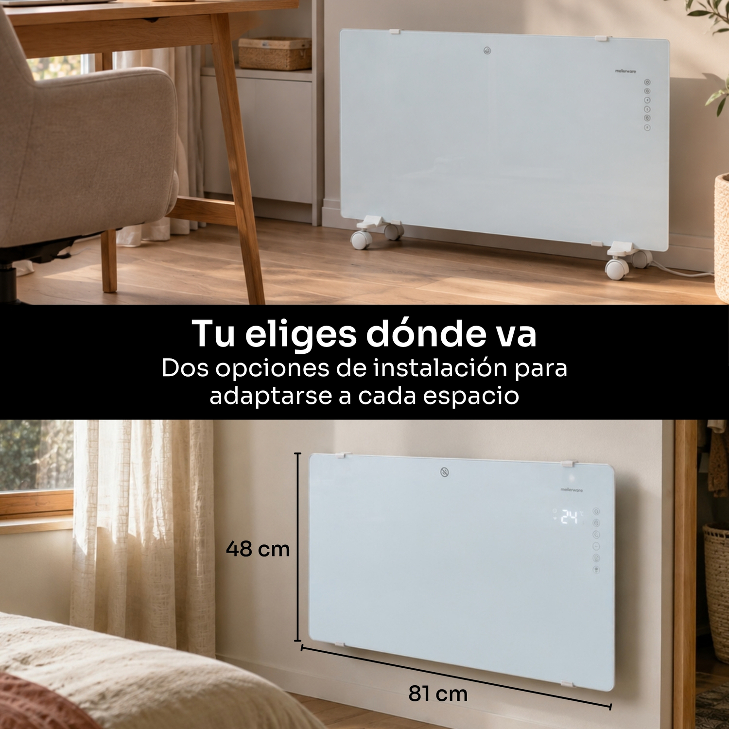 Calefactor de vidrio blanco con ruedas y montado en la pared con dimensiones de 48 cm por 81 cm.