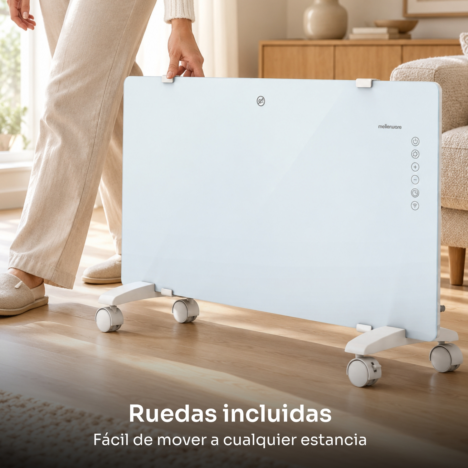 Una persona arrastra un calefactor de convección azul claro con ruedas sobre un suelo de madera.