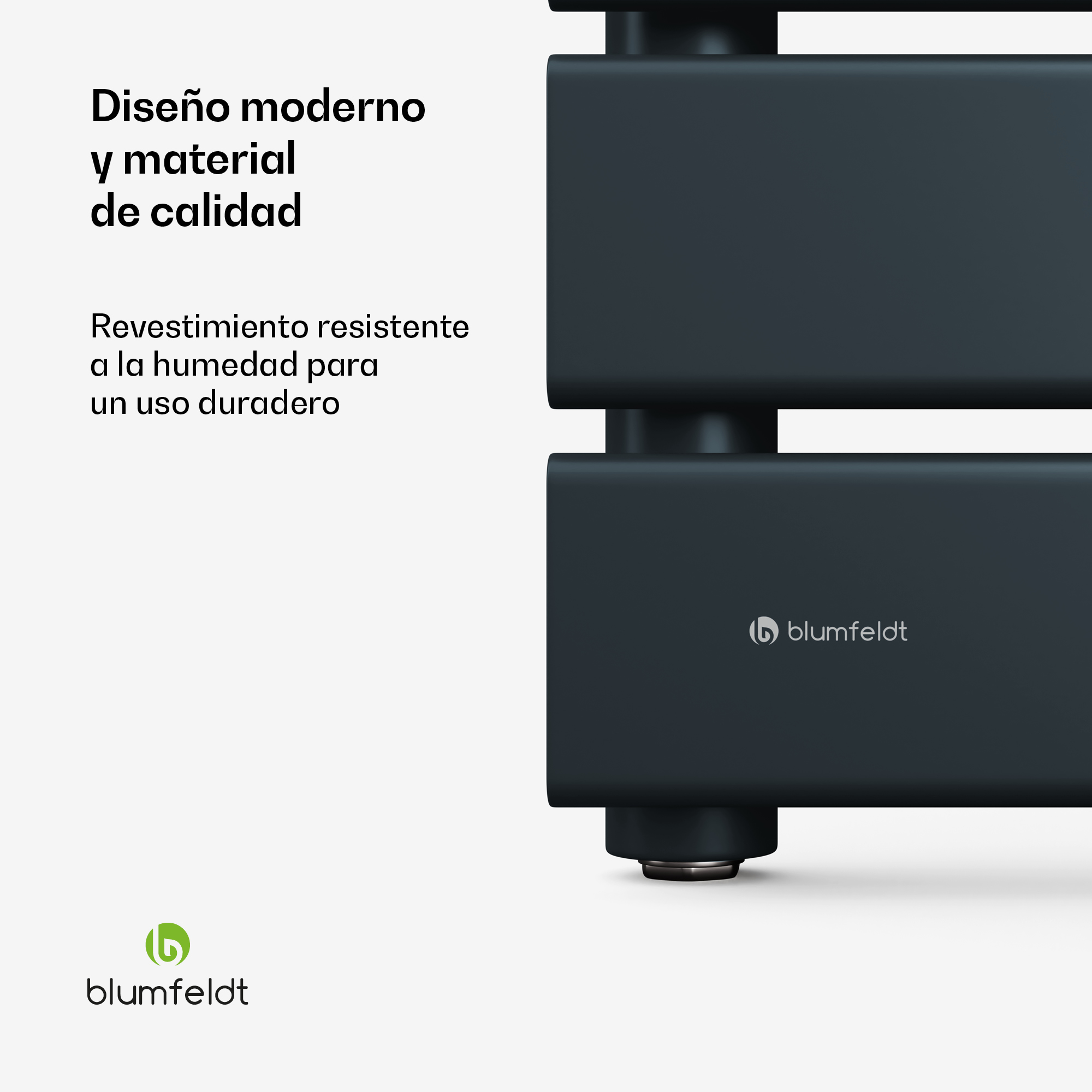 Radiadores negros modernos Blumfeldt con texto sobre fondo blanco.